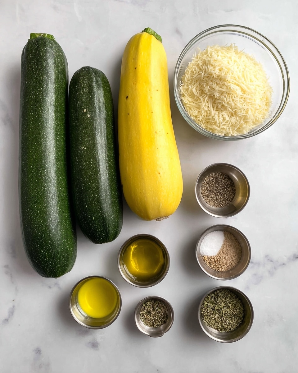 The image shows two dark green zucchinis on the left and two yellow squashes next to them, all placed on a white marbled surface. To their right, there is a clear glass bowl filled with grated parmesan cheese. Below these, three small silver bowls sit in a row; the left bowl holds a light yellow oil, the middle bowl contains assorted seasonings including salt, black pepper, and garlic powder, and the right bowl is filled with dried green Italian seasoning herbs. Each ingredient is neatly arranged in a line creating a clean and organized look. Photo taken with an iphone --ar 4:5 --v 7