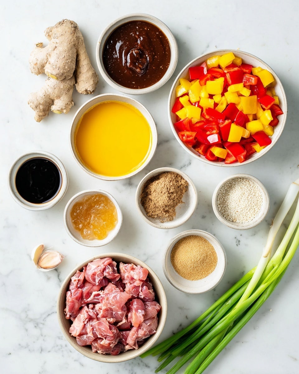 The image shows a top view of several small white bowls and two small beige bowls arranged neatly on a white marbled surface. One beige bowl at the bottom left holds many small pieces of raw pink chicken, while the other beige bowl in the center right contains many chopped red and yellow bell pepper pieces mixed together. Around these, white bowls are filled with different ingredients: one has dark brown sauce with a smooth thick texture, another has yellow-orange liquid, and others hold light brown paste, light brown dry sugar, a very dark brown sauce, yellow liquid, and white sesame seeds. Fresh green onions lie on the right side on the white marbled surface, and a piece of fresh light brown ginger is placed near the top center. The ingredients are arranged clearly with bright and fresh colors. photo taken with an iphone --ar 4:5 --v 7