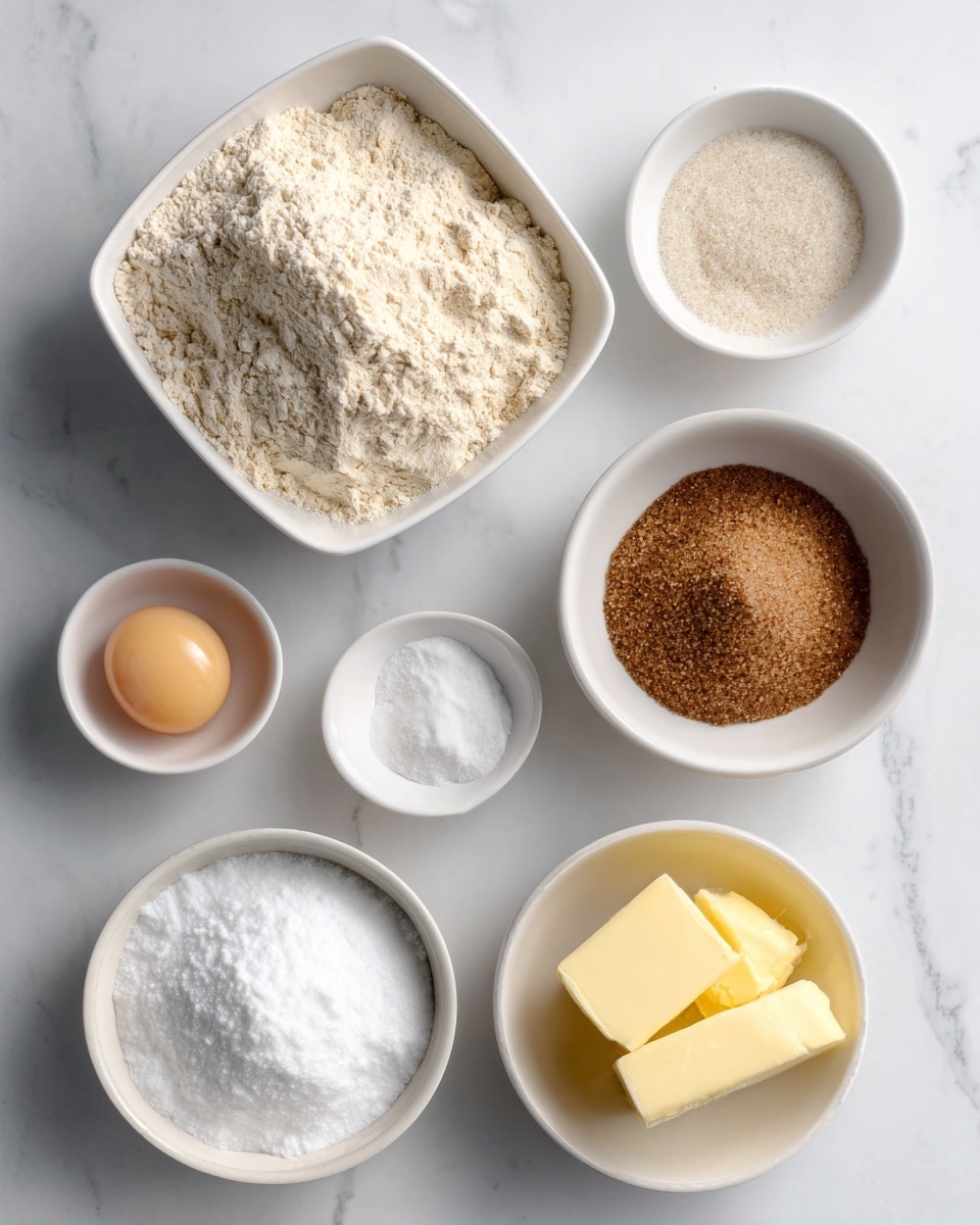 The image shows six white bowls arranged on a white marbled surface, each containing different ingredients for baking. At the top is a square white bowl filled with a light beige mix of flour, baking powder, and salt. Below and slightly to the left, there is a small round white bowl holding a single raw egg and some vanilla. To its right, a shallow white bowl contains brown and granulated sugar in two distinct piles, light and dark brown. Below these, a small round white bowl holds fine white powdered sugar, while next to it, another white bowl contains a yellow chunk of butter. The setup is clean and well-lit, focusing clearly on the dry and wet baking ingredients, photo taken with an iphone --ar 4:5 --v 7