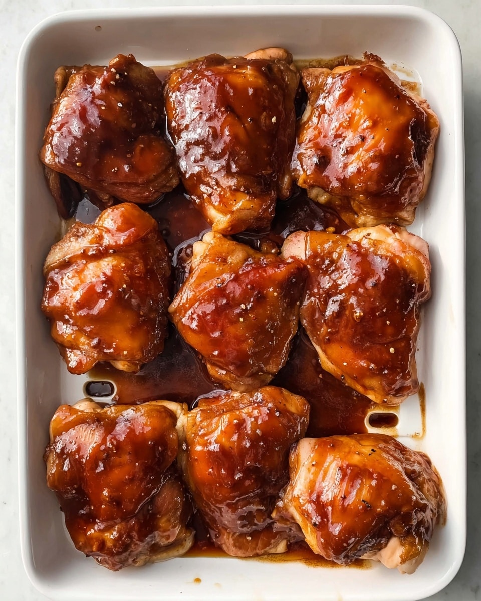 A white tray filled with eight pieces of raw chicken thighs coated evenly in a shiny dark brown sauce. The chicken pieces are laid flat and fill the tray in two rows, with a small perforated white rack in the middle elevating some pieces. The surface underneath shows a white marbled texture. The sauce looks thick and glossy, covering each piece fully and showing some small bits of seasoning on the chicken skin. photo taken with an iphone --ar 4:5 --v 7