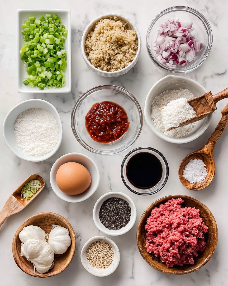 The image shows various small white bowls and containers arranged on a white marbled surface, each holding an ingredient for cooking. From top left to right, there is a rectangular white dish with chopped green onions, a white round bowl with chopped red onion, and a small clear glass bowl with light brown panko breadcrumbs held by a wooden scoop. Below the green onions is a small white bowl with white cornstarch, next to it a small white bowl with a brown egg, and next to that a white bowl with brown sugar. In the center is a tiny white bowl with minced fresh ginger, a small white bowl with dollops of red gochujang Korean chili paste, and a small white bowl with whole garlic cloves. Below are two wooden bowls: one with coarse kosher salt and a wooden scoop, and the other with black peppercorns and a wooden scoop. To the right center is a clear glass bowl filled with pink ground beef, and next to it a small clear bowl with dark low-sodium soy sauce. A small white bowl with sesame seeds is near the bottom left corner. All items are neatly spaced, creating a bright and organized cooking setup photo taken with an iphone --ar 4:5 --v 7