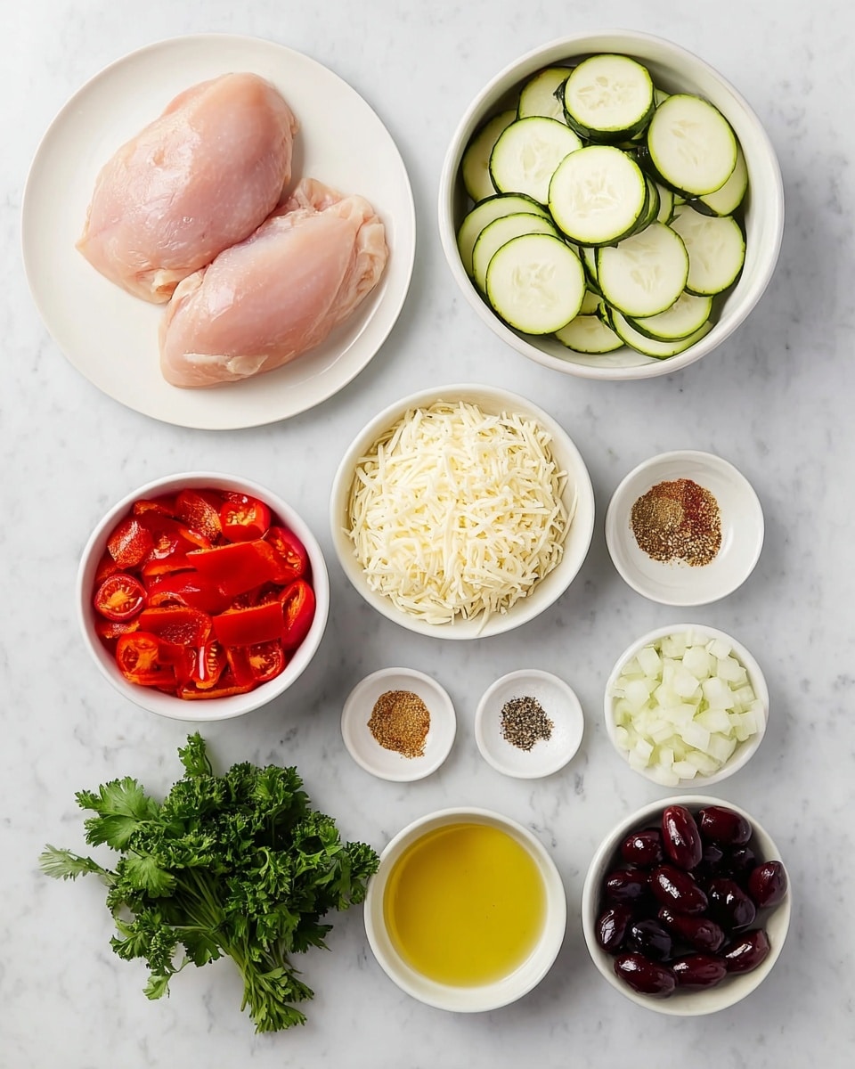 A white plate at the top left holds two raw, plump pink chicken pieces with a smooth texture; to the right, a white bowl contains thin, round slices of green zucchini with pale centers, slightly translucent. Below the chicken, a small white bowl is filled with shredded white cheese showing soft, fine strands. Next to it, a small white bowl holds bright red, sliced roasted bell peppers with a slightly shiny surface. To the right of the peppers, a small white bowl is full of diced white onions, cut into uniform small cubes. Below these, a small bunch of fresh curly green parsley rests directly on the white marbled surface. In the center is a small white plate divided into four sections, each containing salt, black pepper, dried oregano, and light yellow garlic powder. To the left, a white bowl shows halved red cherry tomatoes with juicy flesh and seeds. Below the spice plate, a clear glass bowl contains golden olive oil, smooth and glossy. At the bottom right, a white bowl contains shiny dark purple Kalamata olives with a smooth surface. Photo taken with an iphone --ar 4:5 --v 7