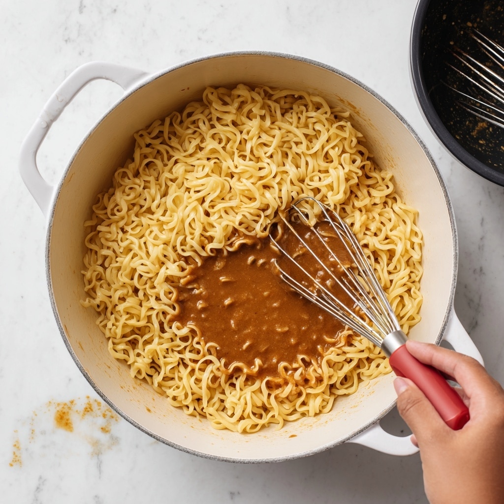 A white pot filled with cooked twisted pasta in the bottom half, showing a light yellow color with a soft texture. The pasta is partially covered with a thick brown sauce with a slightly shiny surface, pooled mostly in the center. A red spatula rests inside the pot on the left side, partially submerged in the pasta and sauce. On the right edge of the image, a woman’s hand is holding a black and silver mixing bowl with a whisk inside. The scene is set on a white marbled surface with some minor sauce splatters near the pot. photo taken with an iphone --ar 4:5 --v 7