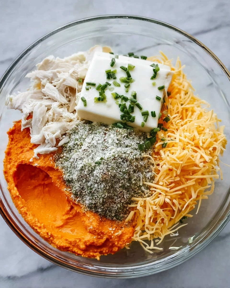In a clear glass bowl placed on a white marbled surface, there are five layers of ingredients. The bottom left layer is a bright orange paste with a smooth texture. To the right of the orange paste is a pile of shredded yellow cheese with a slightly rough texture. Above the cheese is a block of soft white cream cheese topped with small chopped green herbs. To the left of the cream cheese is shredded white chicken with a fibrous texture. Below the chicken and orange paste is a mound of grayish dry seasoning with a powdered texture, also sprinkled with small chopped green herbs. Photo taken with an iphone --ar 4:5 --v 7