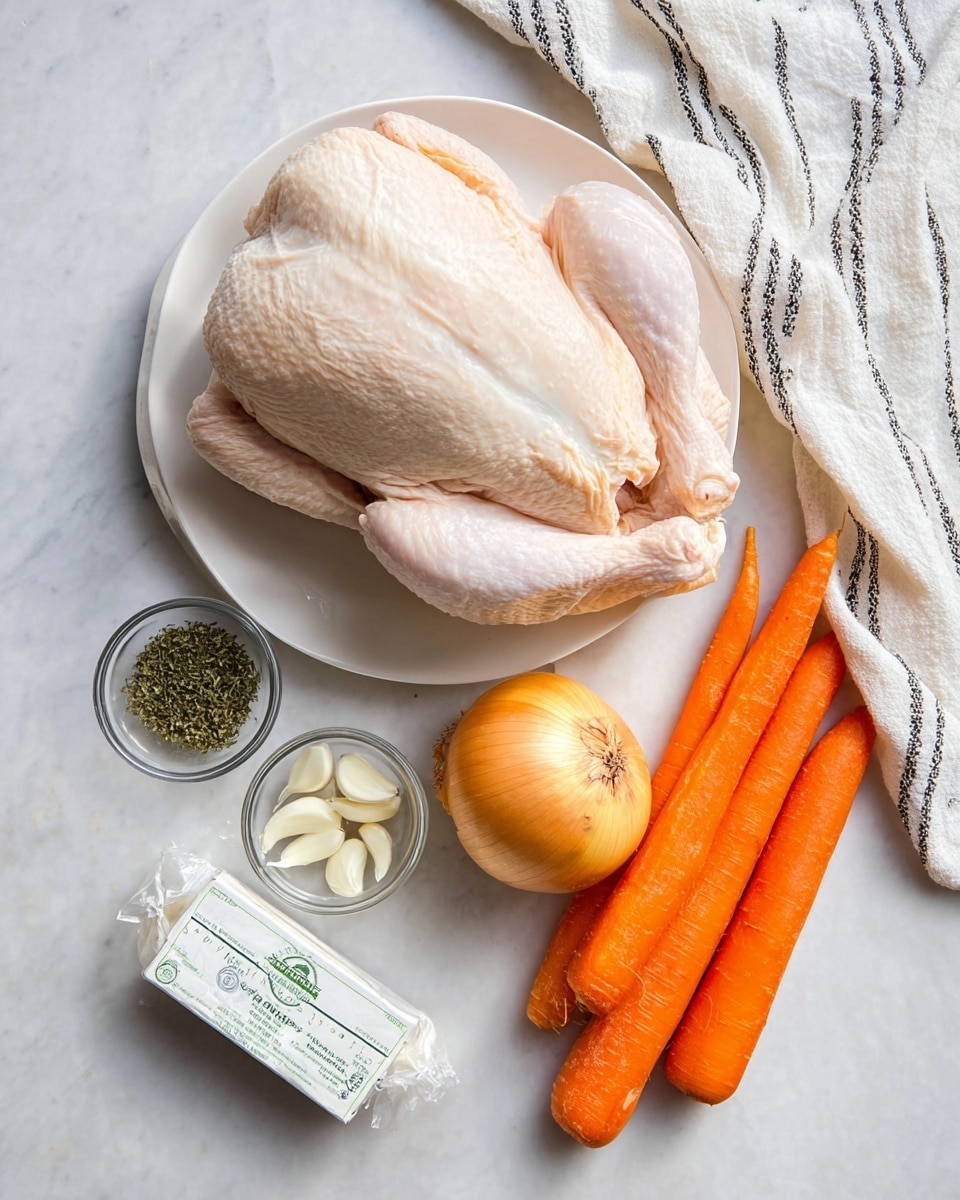 A whole raw chicken with pale pink skin is placed in the center on a white plate, positioned on a white marbled surface. Below and to the right of the chicken, there are three long, bright orange carrots with smooth texture, lying next to a large yellow-brown onion with a papery outer layer. To the bottom left of the carrots, two small clear glass bowls hold green dried herbs and peeled white garlic cloves. At the bottom of the image, a white wrapped stick of butter with green and brown text sits horizontally, and at the top right corner, a white cloth with black stripes is loosely folded on the white marbled surface. photo taken with an iphone --ar 4:5 --v 7