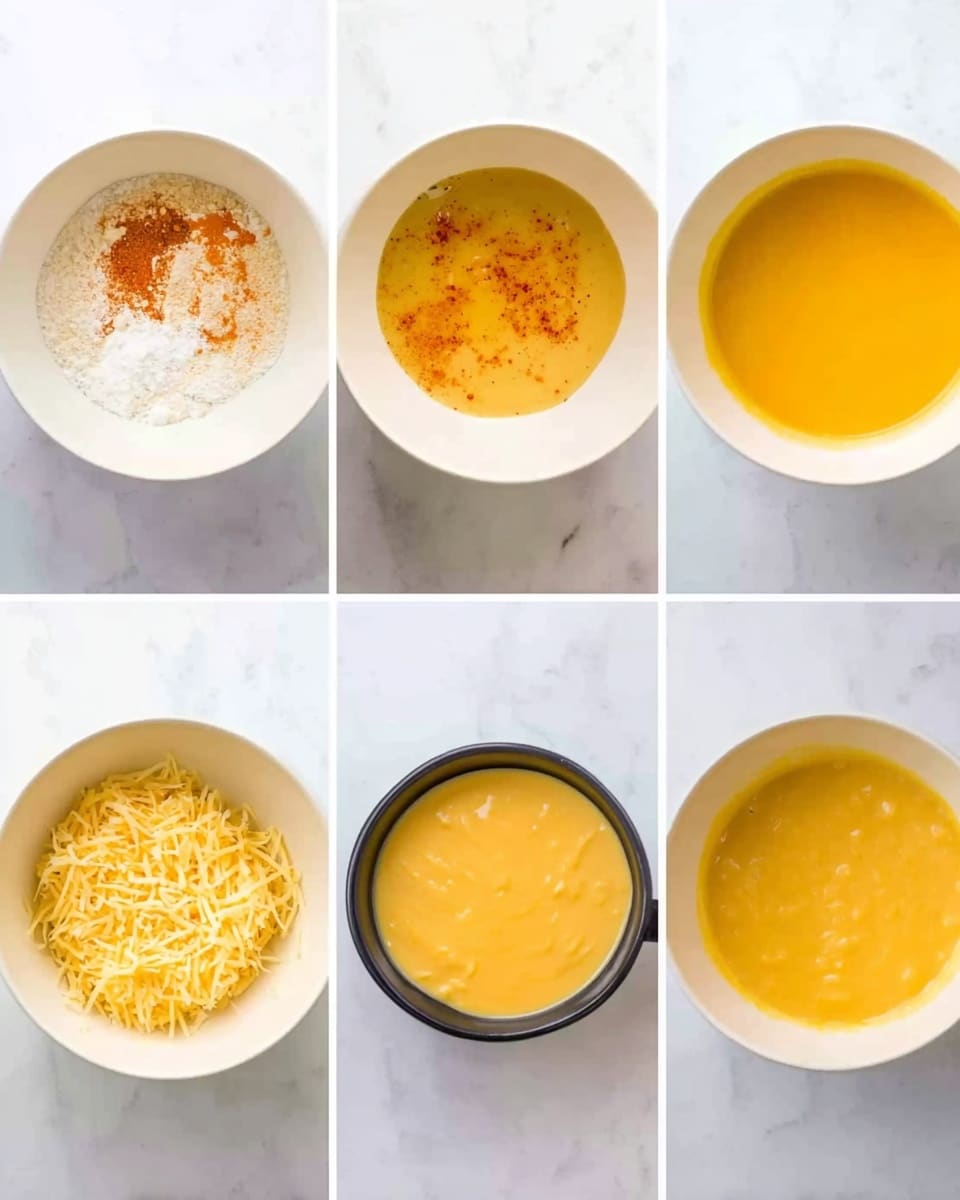 The image shows six steps of making a cheese sauce in white bowls placed on a white marbled surface. The first bowl has a mix of white flour, melted butter, and red spices on top. The second bowl shows the sauce after it is whisked until smooth and yellow. The third and fourth images show a smaller black bowl with thick yellow sauce in it. The fifth white bowl contains shredded yellow and white cheese with yellow sauce poured beside the cheese. The sixth white bowl displays the sauce mixed with cheese, creating a smooth, creamy, yellow cheese sauce. Photo taken with an iphone --ar 4:5 --v 7