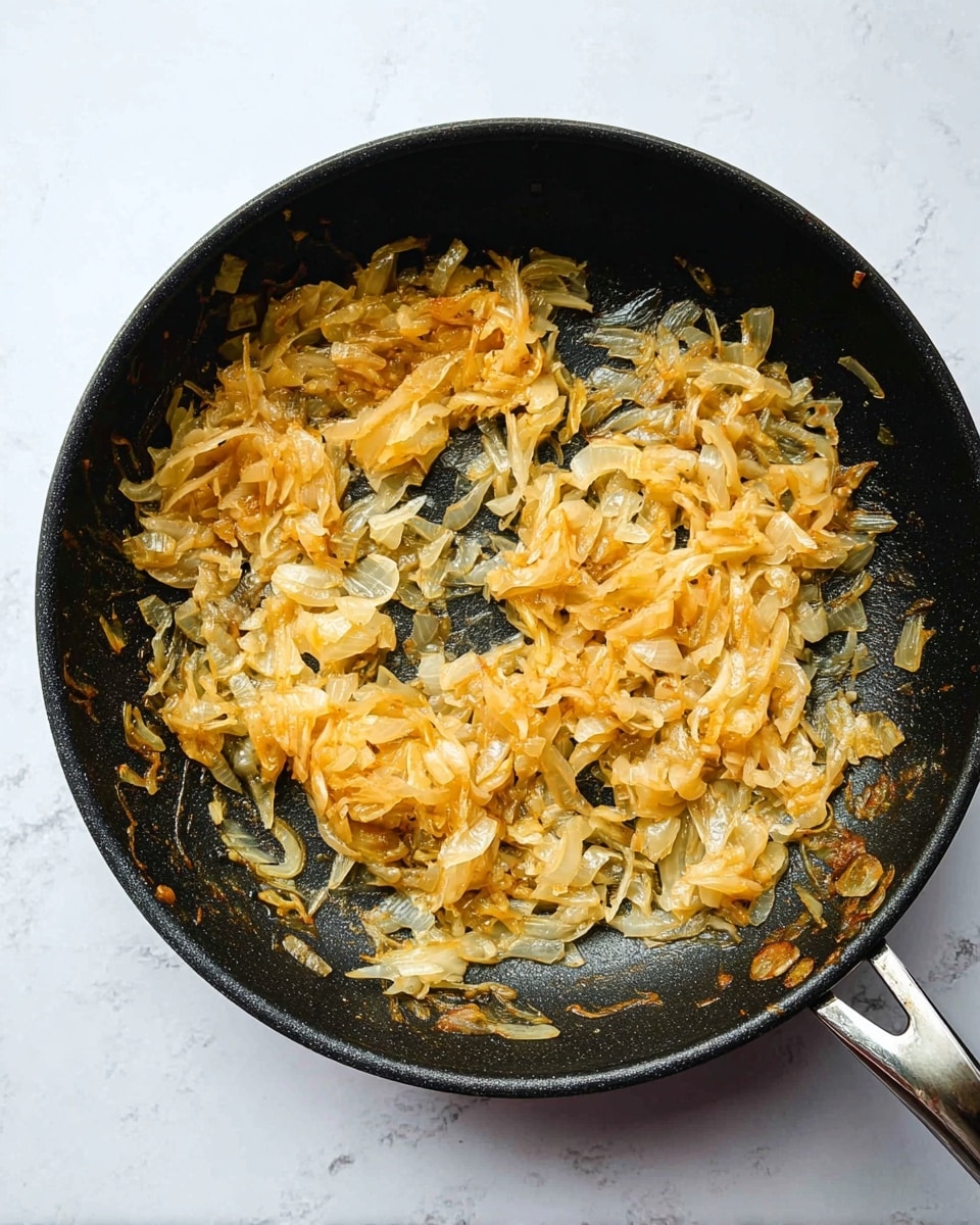 A close-up view of a black frying pan with cooked onions spread unevenly inside. The onions are soft with a mix of light golden yellow and pale translucent colors, showing caramelized texture. The pan sits on a white marbled surface, and the handle is partially visible on the right side. The onions layer is thin and spread out with some clumps and stringy pieces, giving a slightly shiny appearance from cooking oils. photo taken with an iphone --ar 4:5 --v 7