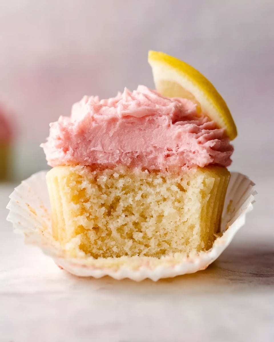 A single cupcake is shown sitting on an opened white paper wrapper on a white marbled surface. The cupcake has two layers: the bottom layer is a light yellow cake with a soft texture, and the top layer is thick, fluffy pink frosting with a slightly rough surface. A small thin wedge of lemon with the peel is placed on the frosting at the back right side. The background is blurred with soft colors, emphasizing the cupcake. Photo taken with an iphone --ar 4:5 --v 7