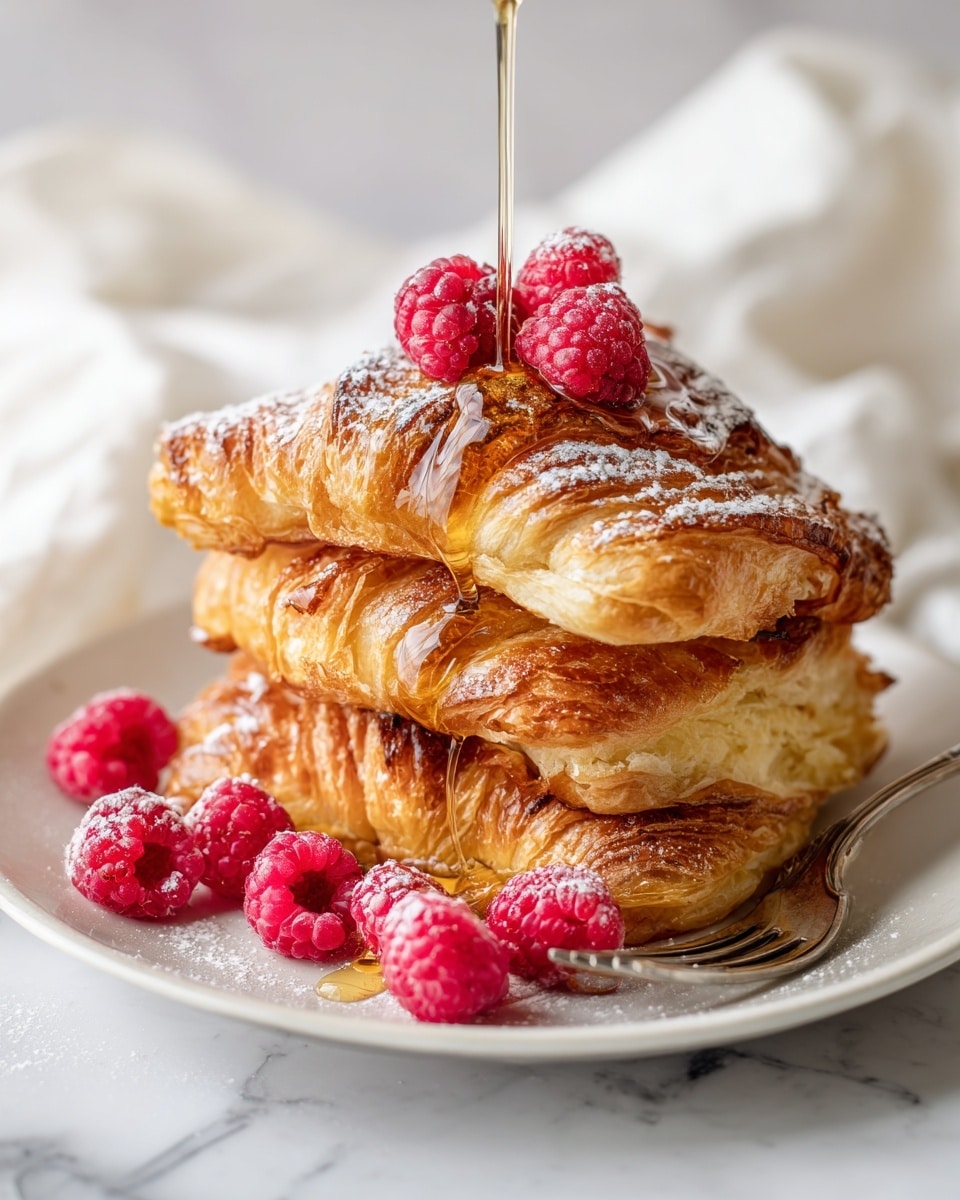 The dish shows three golden brown French toast pieces stacked unevenly on a white plate, with a rich syrup shining as it drips over the top and pools beneath. Bright red raspberries are scattered around and on top of the toast, adding fresh color. There is a light dusting of white powdered sugar sprinkled over the toast and raspberries. A silver fork rests on the right side of the plate, partially touching the syrup and raspberries. The plate is set on a white marbled surface. photo taken with an iphone --ar 4:5 --v 7