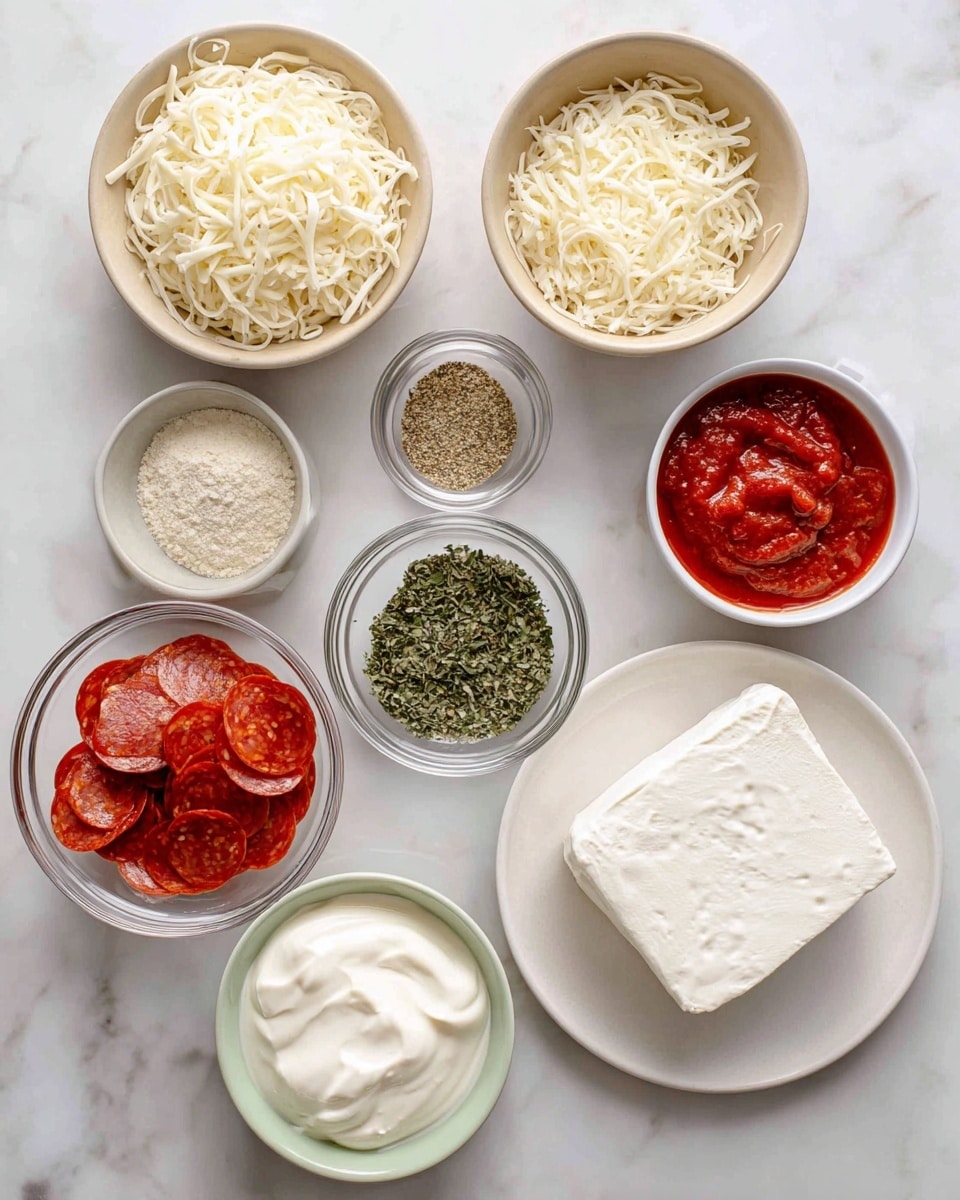 The image shows several small bowls and a plate arranged on a white marbled surface, each filled with different pizza ingredients. Starting from the top left, there is a beige bowl with shredded mozzarella cheese, a small clear bowl with light brown garlic powder above it, a beige bowl with shredded parmesan cheese to the right, and in the center is a small light green bowl holding dried basil and oregano. Below these, there is a clear bowl with red pepperoni slices, a small white bowl with fresh green herbs next to it labeled optional, a white plate with a block of white cream cheese, a beige bowl with bright red pizza sauce, and a clear bowl with smooth white Greek yogurt or sour cream. Everything is neatly placed in an organized way, and the colors contrast well against the clean white marbled surface. photo taken with an iphone --ar 4:5 --v 7