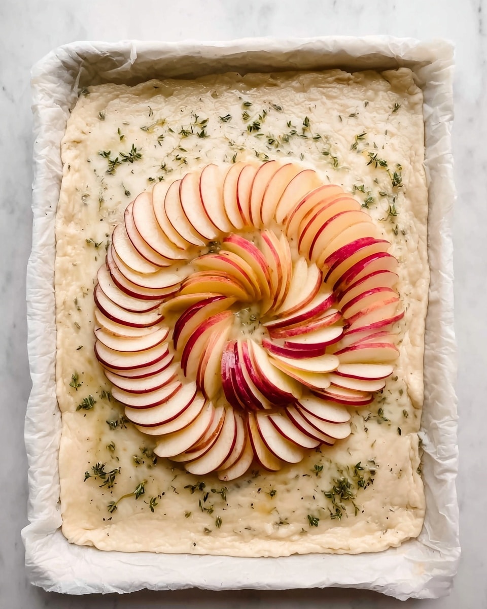 The image shows a white rectangular tray lined with thin, slightly wrinkled dough that has some small green herbs scattered on it. In the center, there are three neat layers of thinly sliced apple pieces arranged in a circular, overlapping pattern. The outer layer has pale pink apple slices, the middle layer has red-tinted apple slices, and the inner layer has slices with a deeper red edge, forming a visually appealing spiral. The dough around the apples looks soft and slightly floured. The background is a white marbled surface. Photo taken with an iphone --ar 4:5 --v 7