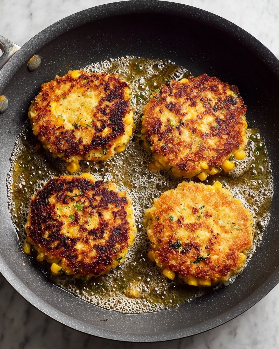 The image shows four round, thick patties cooking in a dark gray non-stick pan with bubbling oil around them. Each patty has a golden brown crust with darker brown spots, creating a crispy texture. The patties reveal small pieces of yellow corn and green herbs mixed inside, visible through the slightly rough surface. The pan sits on a white marbled surface that contrasts with the warm colors of the patties, making them stand out. The patties are evenly spaced in the pan, filling most of the cooking area. photo taken with an iphone --ar 4:5 --v 7