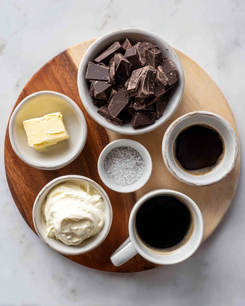 A round wooden board holds five small white bowls placed on a white marbled surface. At the top center is a bowl filled with irregular pieces of dark brown chocolate chunks. To the left of it is a smaller bowl with a soft yellow butter. Below the butter bowl is another small bowl with a light gray coarse salt. At the bottom center, a medium bowl contains thick white cream with a smooth texture. To the right of the cream, there is a small bowl filled with dark black coffee. Each bowl is neatly placed and the scene is bright with natural light. Photo taken with an iphone --ar 4:5 --v 7