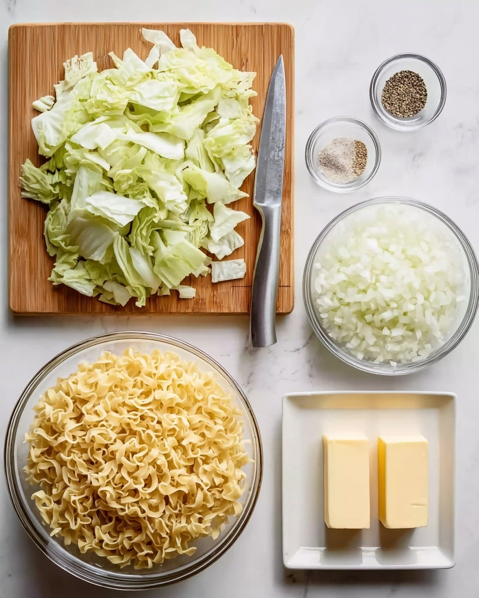 The image shows several ingredients neatly arranged on a white marbled surface. On the left side, there is a wooden cutting board filled with roughly chopped light green cabbage pieces, with a sharp silver knife resting on the right side of the board. Below the board is a clear glass bowl filled with finely chopped white onions. To the right of the cutting board, there is a small clear glass bowl containing a mix of salt and black pepper. Next to that is a large clear glass bowl full of uncooked pale yellow noodle curls. In the bottom right corner, there is a small white rectangular plate holding two rectangular pieces of pale yellow butter. Photo taken with an iphone --ar 4:5 --v 7