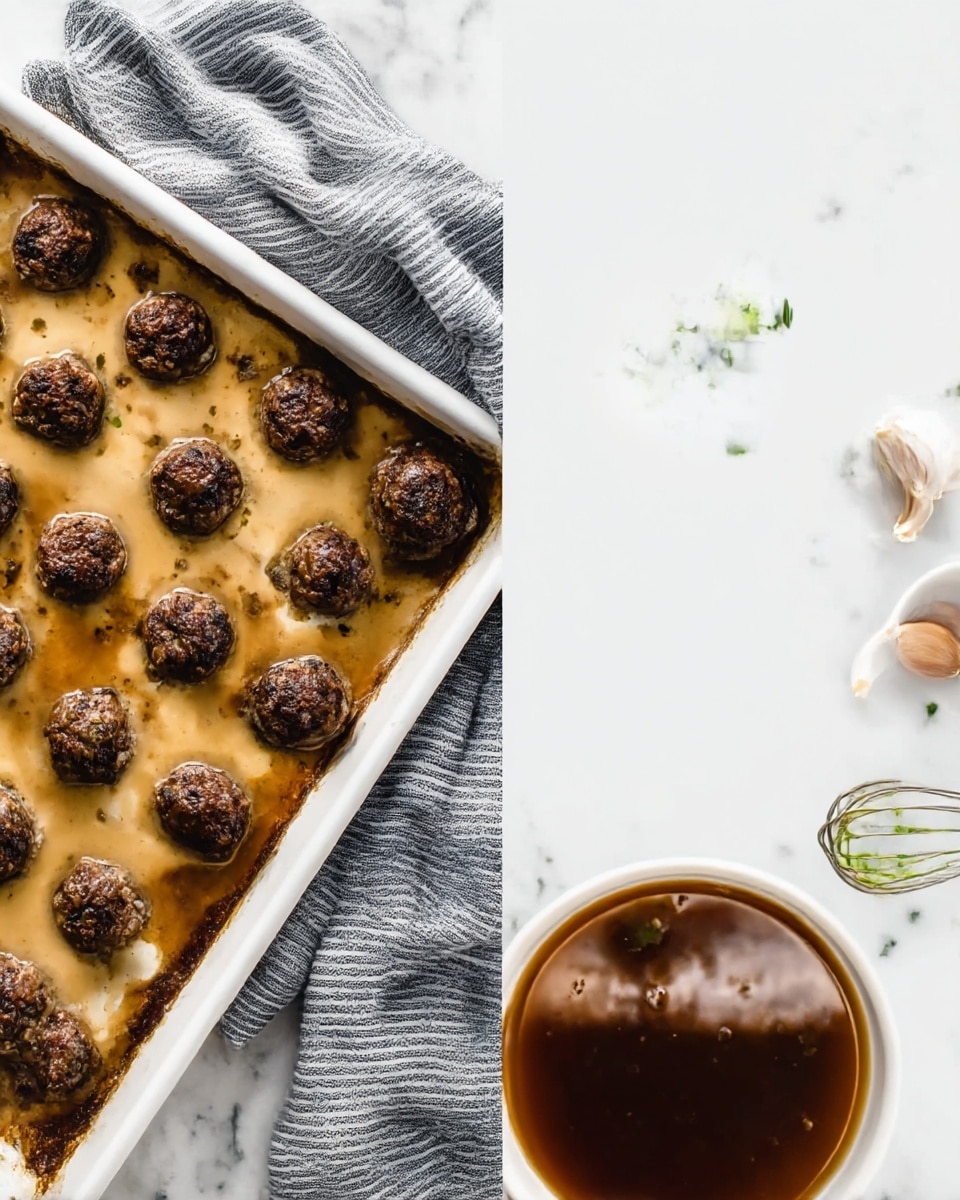 The image is split into two parts, side by side. On the left, there is a white baking tray filled with round dark brown meatballs, arranged irregularly across a light tan sauce base that has some darker spots where the sauce has thickened. There is a white bowl with green chopped herbs near the top right of the tray, and a grey and white striped cloth draped on the left side, all placed on a white marbled surface. On the right side, there is a close-up of a small white bowl filled with clear dark brown broth reflecting light. Around the bowl are a metal whisk, a small white bowl with a brown substance, two small white cloves of garlic, and some green herbs scattered across the white marbled background. photo taken with an iphone --ar 4:5 --v 7