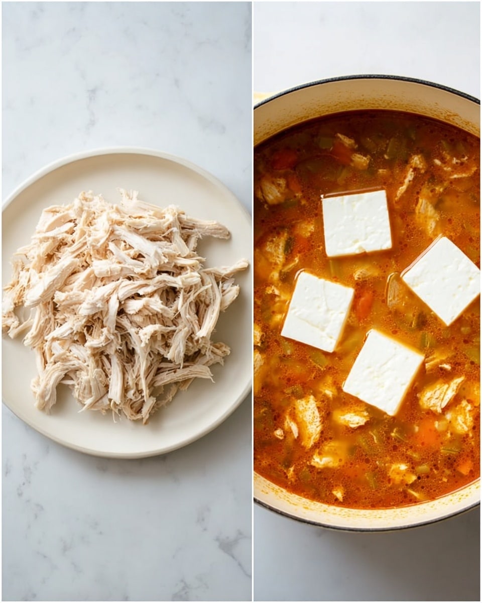 Left image shows a white plate with a pile of shredded pale beige cooked chicken arranged loosely in the center on a white marbled surface. Right image displays a white cooking pot filled with rich reddish-orange soup containing visible small pieces of chicken and vegetables, topped with six large white square chunks of cream cheese floating evenly on the surface. Photo taken with an iphone --ar 4:5 --v 7