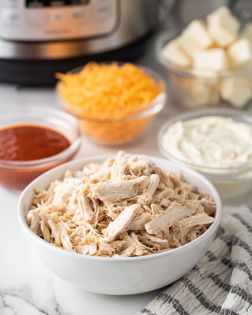 A white bowl filled with shredded pale beige chicken sits in front on a white marbled surface, showing a soft and fibrous texture with small pieces piled high. Behind it, a small clear glass bowl holds bright orange shredded cheddar cheese, and another clear glass bowl contains white cubed cream cheese with a soft, smooth look. To the left of the cheese bowls, a small clear glass bowl holds vivid red buffalo sauce, and to the right, another clear bowl contains creamy white ranch dressing. A silver slow cooker with black details is partially visible in the background. A white and black striped napkin lies on the marbled surface near the chicken bowl. photo taken with an iphone --ar 4:5 --v 7