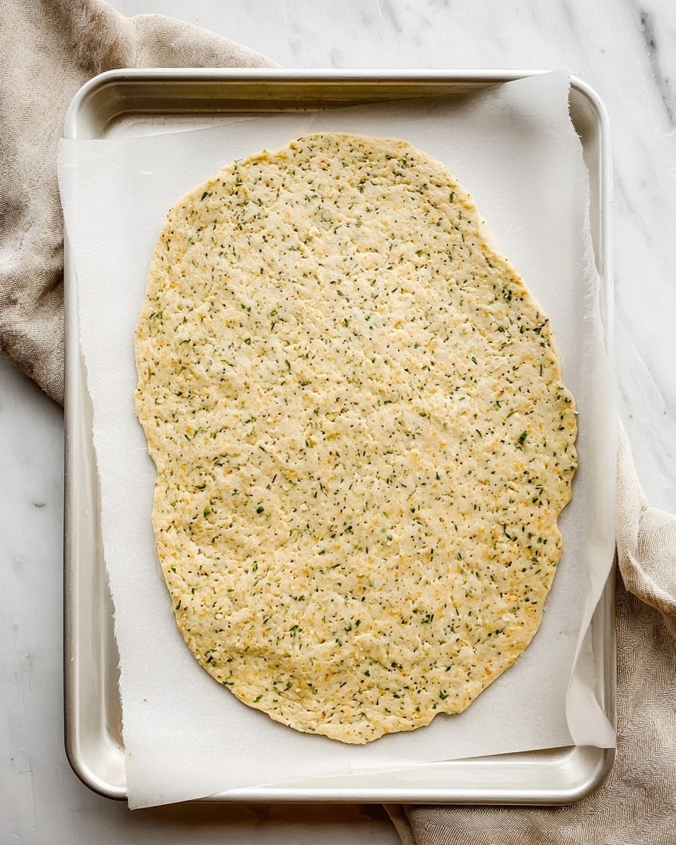 A large, thin, uneven oval flatbread or dough spread out on a white baking tray lined with parchment paper. The dough has a speckled texture with small green herb bits visible throughout. The surface is slightly rough and bumpy, showing that it has been pressed or flattened by hand. The tray is placed on a white marbled surface, next to a beige cloth. photo taken with an iphone --ar 4:5 --v 7