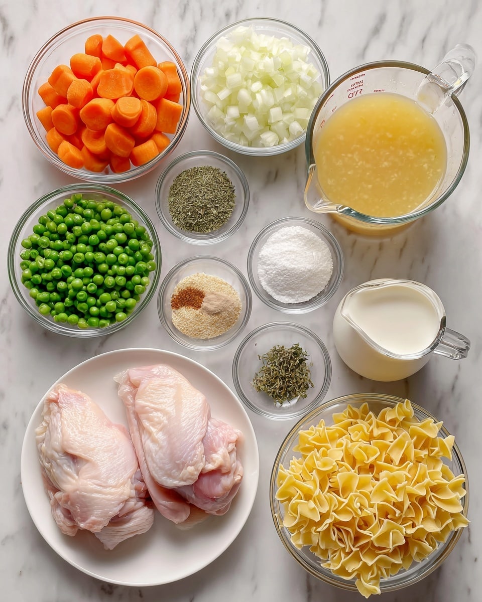 The image shows ingredients for cooking chicken noodle soup arranged on a white marbled surface. In the center, two pink raw chicken pieces lie on a white plate. To the left, there are clear glass bowls with bright orange sliced carrots, green celery sticks, and green frozen peas. Above the chicken, a clear bowl with white chopped onions is placed. To the right, a glass measuring cup filled with light yellow chicken broth and a smaller clear jug with white cream are seen. At the bottom right, a glass bowl holds uncooked yellow egg noodles with ruffled edges. Small clear bowls contain various seasonings including dried Italian herbs, crushed garlic, salt and pepper, dried thyme, and white corn starch. The whole setup is neat and the ingredients show fresh and natural colors. photo taken with an iphone --ar 4:5 --v 7