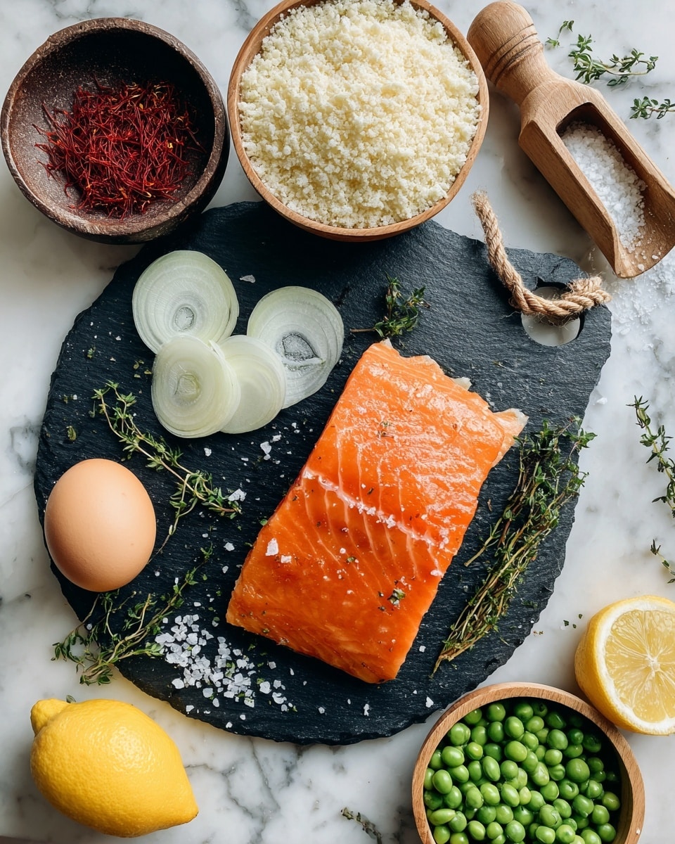 A thick, bright orange piece of salmon lies on a round black stone board with a small tied rope handle on the top right. Around the salmon, there are two sides of a light yellow onion, small green peas scattered in groups, and a few small green thyme sprigs. Above the salmon, towards the top center, there is a small shallow wooden bowl filled with pale white rice. Next to the rice, to the left, a small dark wooden bowl containing thin red saffron threads is placed. To the left of the saffron, there is a smooth brown egg in a small glass bowl. Above the egg, a rustic wooden scoop holds off-white breadcrumbs, some spilling over the scoop and onto the white marbled surface beneath. On the bottom left corner, a yellow lemon, one whole and one cut in half, rests on the white marbled background. On the bottom right, outside the board, there is another wooden bowl filled with green peas. photo taken with an iphone --ar 4:5 --v 7