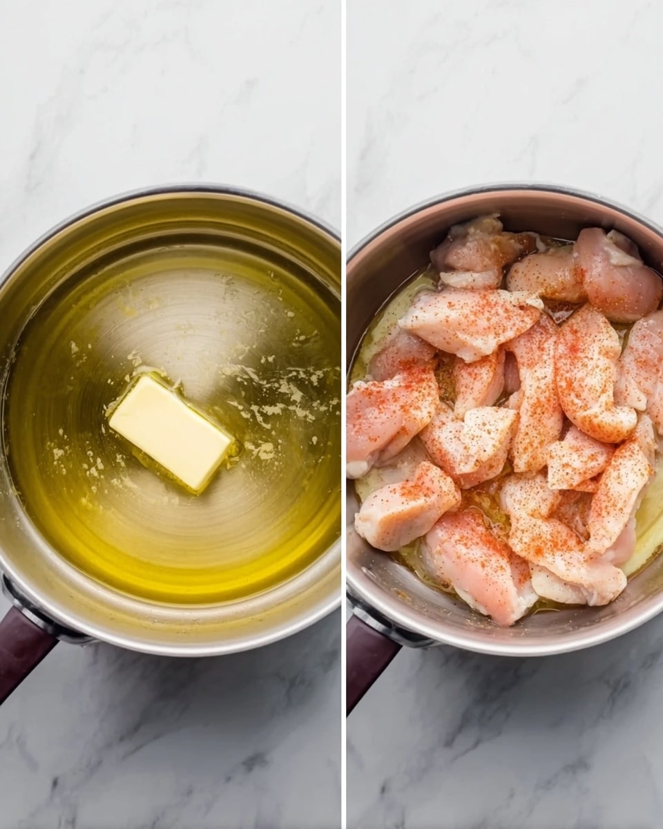 The image shows two side-by-side photos of a cooking pot on a white marbled surface. On the left side, the pot contains a small piece of butter melting slowly in the center, with a shiny, smooth, golden liquid spreading around it. On the right side, the same pot is filled with several light pink chicken pieces placed close together in a single layer, sprinkled evenly with reddish seasoning, all resting in melted butter that glistens under soft light. The pot has a silver rim and dark handles. Photo taken with an iphone --ar 4:5 --v 7