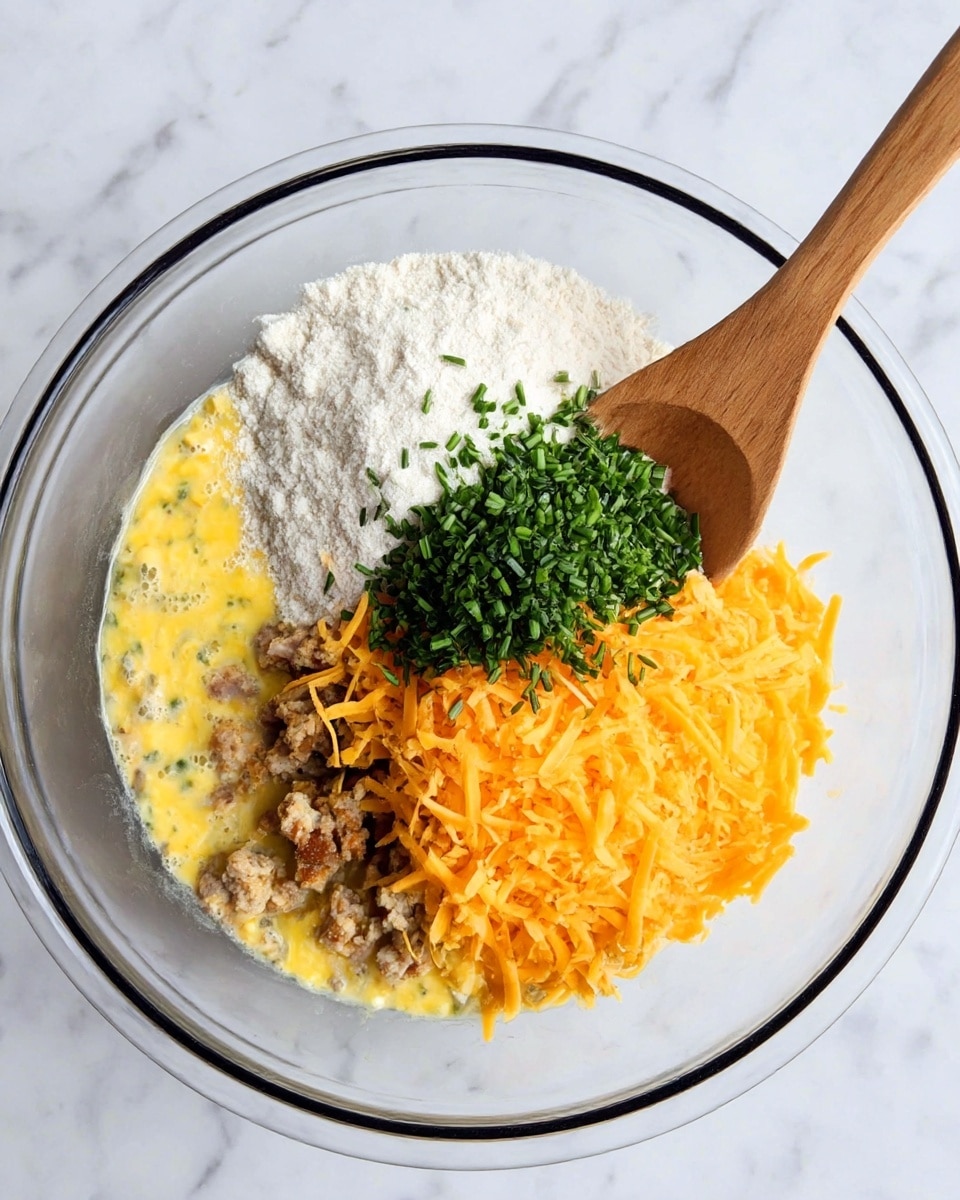 A clear glass bowl with a black rim sits on a white marbled surface, filled with five visible layers that are not mixed: at the bottom left, there is a yellow beaten egg layer with some brown cooked meat chunks scattered; to the right of this, a pile of bright orange shredded cheddar cheese; above the cheese, a mound of white flour; next to the flour, chopped fresh green chives; and bits of more cooked meat around the chives. A wooden spoon with a smooth texture is resting inside the bowl, partially immersed in the ingredients. Photo taken with an iphone --ar 4:5 --v 7