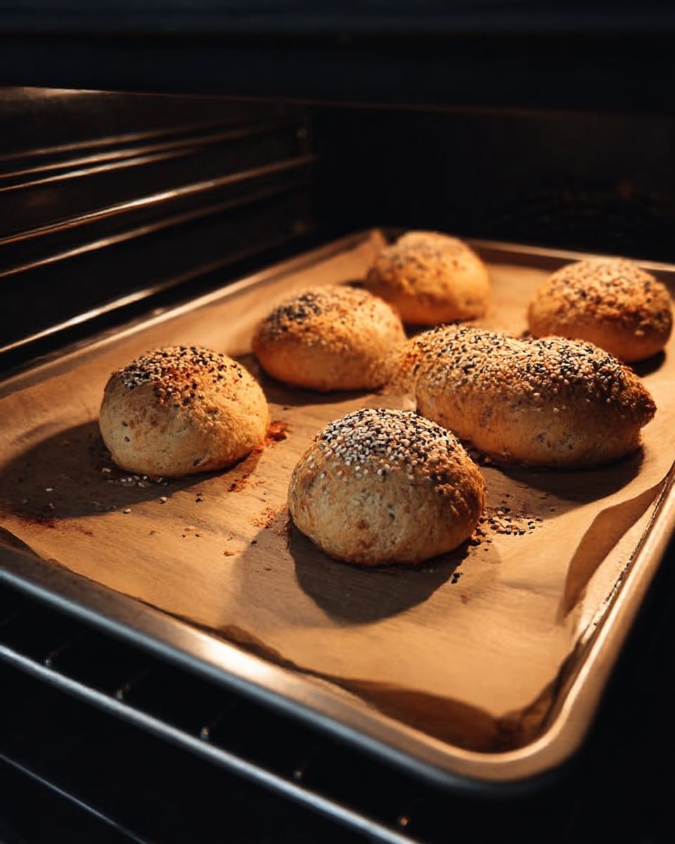 There are eight small round rolls on a light brown baking paper placed on a metal tray inside an oven. The rolls are golden brown with a rough, crusty texture. Each roll is topped with small black and white seeds scattered unevenly. The baking paper lines the tray fully, and the tray sits on metal bars inside the dark oven space. The light inside the oven softly highlights the golden rolls and the baking paper. photo taken with an iphone --ar 4:5 --v 7