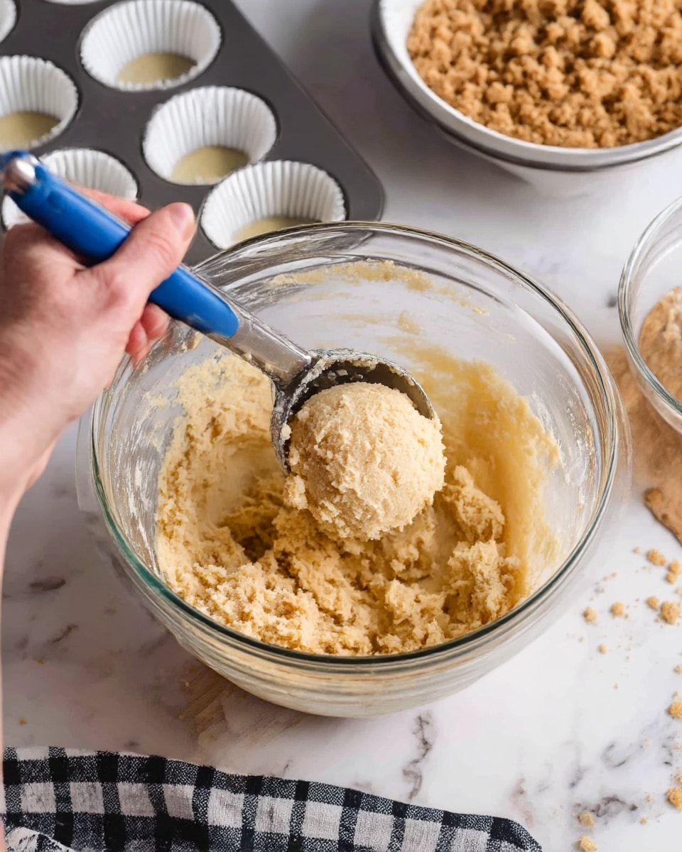 A close-up of a clear glass bowl filled with light beige cake batter that has a thick and slightly rough texture, with some batter sticking to the sides. A woman's hand holds the bowl steady from the left side, while another woman's hand uses a metal scooper with a blue handle to scoop a round portion of the batter. In the background, there are white cupcake liners in a metal muffin tray and a bowl with crumbled brown topping on a wooden board, all placed on a white marbled surface. A cloth with a black and white checkered pattern is partly visible at the bottom. Photo taken with an iphone --ar 4:5 --v 7