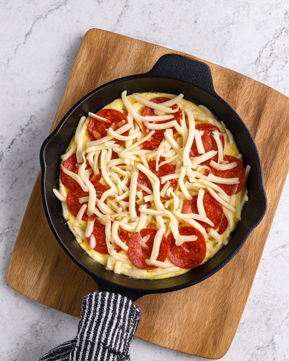 The image shows a black cast iron skillet on a wooden board placed on a white marbled surface. Inside the skillet, there is a base layer of slightly cooked yellow eggs, topped with several slices of red pepperoni spread evenly across the eggs. The top layer consists of thick, pale yellow shredded cheese scattered on top of the pepperoni. A black and white striped cloth is wrapped around the skillet handle. photo taken with an iphone --ar 4:5 --v 7