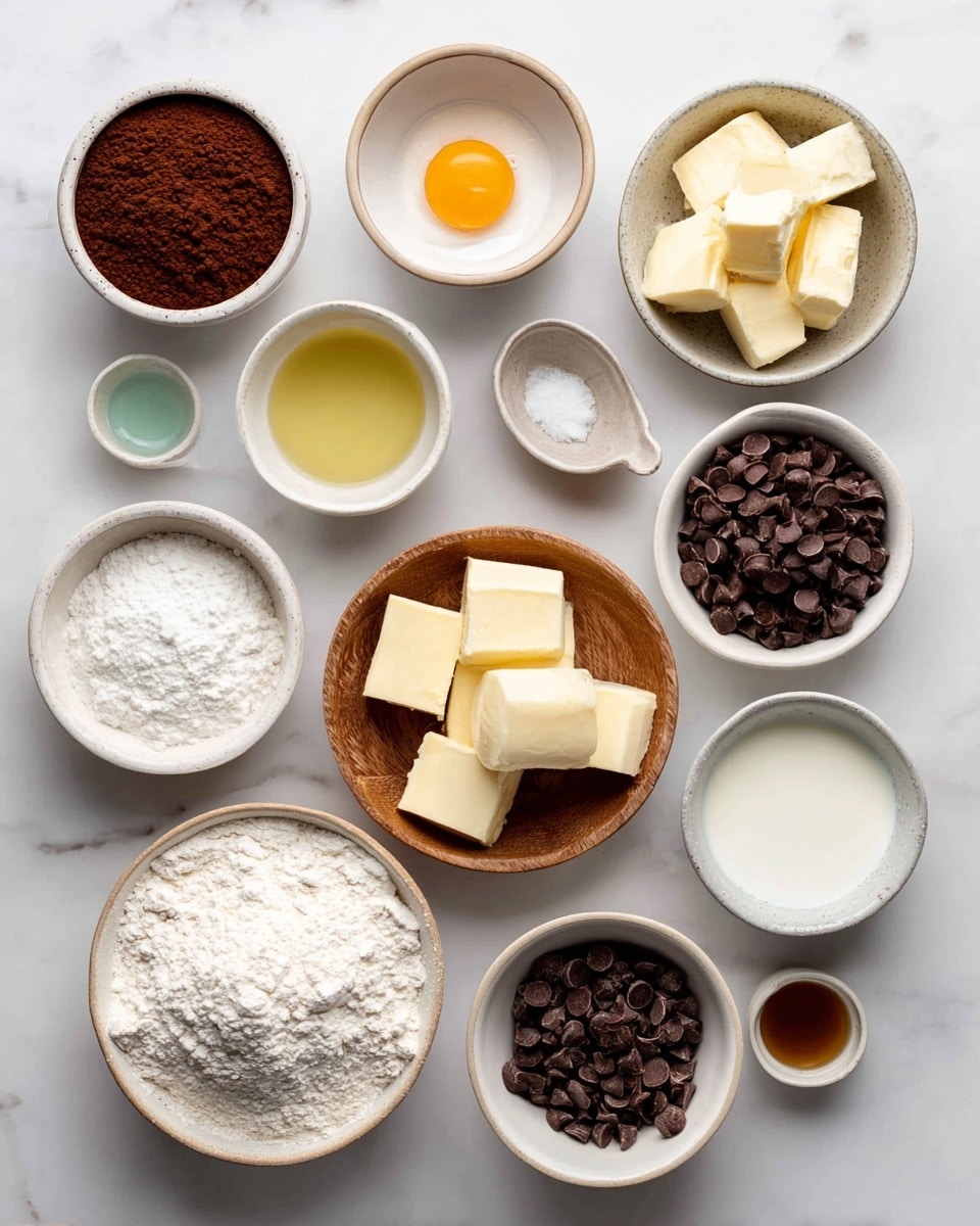 The image shows various baking ingredients arranged on a white marbled surface. There are 12 small white bowls plus one wooden dish, each holding different ingredients: cocoa powder in a small white bowl at the top left, an egg in a small white bowl just right of the cocoa, butter chunks in a white bowl below the egg, vanilla in a tiny white bowl to the right of the butter, a tiny white bowl with mint extract just below vanilla, another tiny white bowl with oil to the right of mint extract, a tiny white bowl holding milk below the oil, a medium white bowl filled with powdered sugar at the bottom right, a wooden dish holding butter chunks in the center, a fairly large white bowl with flour at the bottom left, a medium white bowl with white sugar near the center left, a tiny white bowl with baking soda between sugar and butter, and a medium white bowl with chocolate chips to the right of baking soda. All items are neatly placed for easy viewing. Photo taken with an iphone --ar 4:5 --v 7
