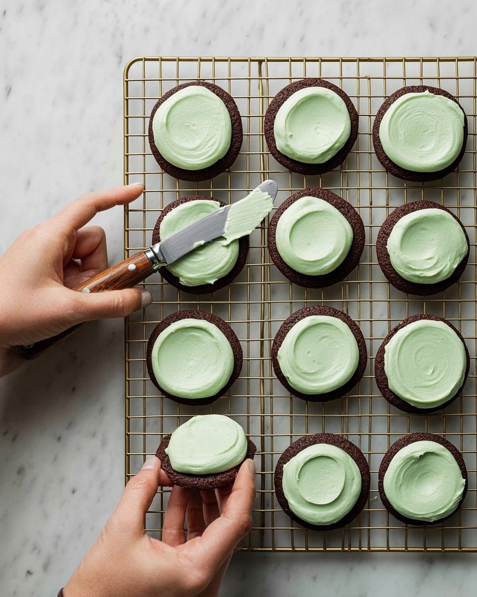 The image shows twelve round chocolate cookies with smooth, light green frosting spread on top of each, arranged in a grid on a gold cooling rack on a white marbled surface. A woman's hand holds one cookie close to the camera while another woman's hand uses a knife with a wooden handle to spread the frosting on it, forming a thick, even layer. The frosting has a soft, slightly swirled texture that contrasts with the darker, matte cookies below. Photo taken with an iphone --ar 4:5 --v 7