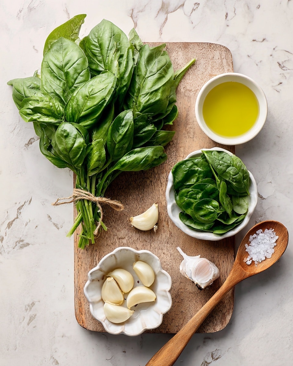 A bunch of fresh green basil leaves tied together lays on a small wooden cutting board at the top left. To the right, there are three white ceramic dishes: the top one with light yellow olive oil, the middle smaller one with clear lemon juice, and the bottom one holding fresh green spinach leaves with some stems. Below the cutting board, a white ceramic flower-shaped bowl contains several peeled garlic cloves. At the bottom right, a wooden spoon holds coarse white salt. All items are arranged on a surface with white marbled texture photo taken with an iphone --ar 4:5 --v 7