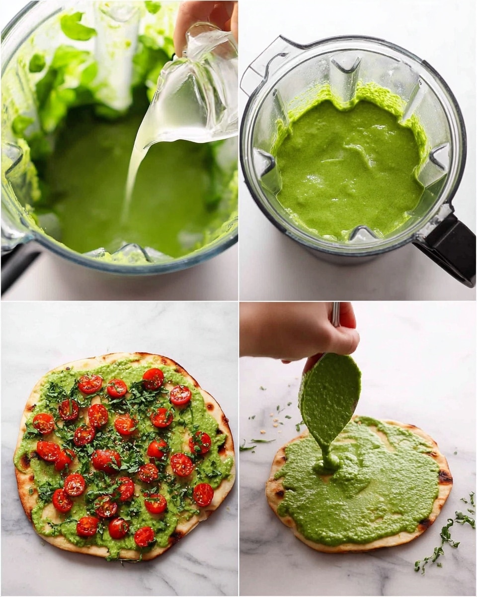 The image shows four pictures in a collage. The first picture has a clear blender with green leaves inside and a woman's hand pouring a small clear liquid into it. The second picture is a close-up of the blended green sauce with a smooth and thick texture inside the blender. The third picture shows a flatbread on a white marbled surface being spread with bright green sauce using a spoon held by a woman's hand, covering the surface evenly. The fourth picture shows the flatbread now topped with halved bright red cherry tomatoes and chopped green herbs, with a slightly golden crust on the flatbread, all on a white marbled surface. photo taken with an iphone --ar 4:5 --v 7