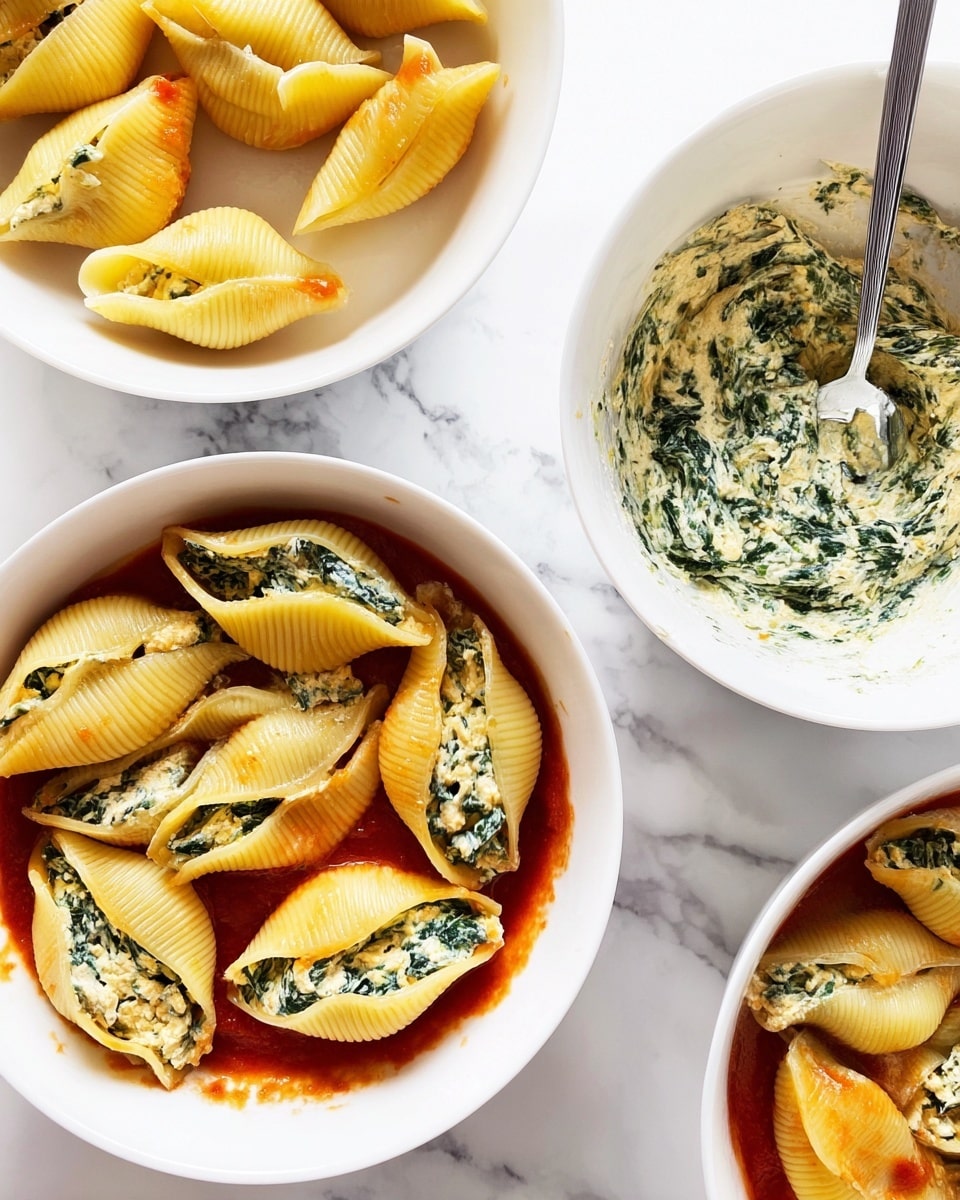 The image shows large yellow pasta shells on a white bowl placed on a white marbled surface. Some shells are empty in one bowl, while another bowl holds a creamy white and green spinach cheese mixture with a metal spoon. In the last white bowl, three pasta shells are stuffed with the creamy mixture and placed carefully on a bright red tomato sauce base, visible beneath the shells. The shells are arranged closely, showing the contrasting textures of smooth pasta and the chunky filling. photo taken with an iphone --ar 4:5 --v 7