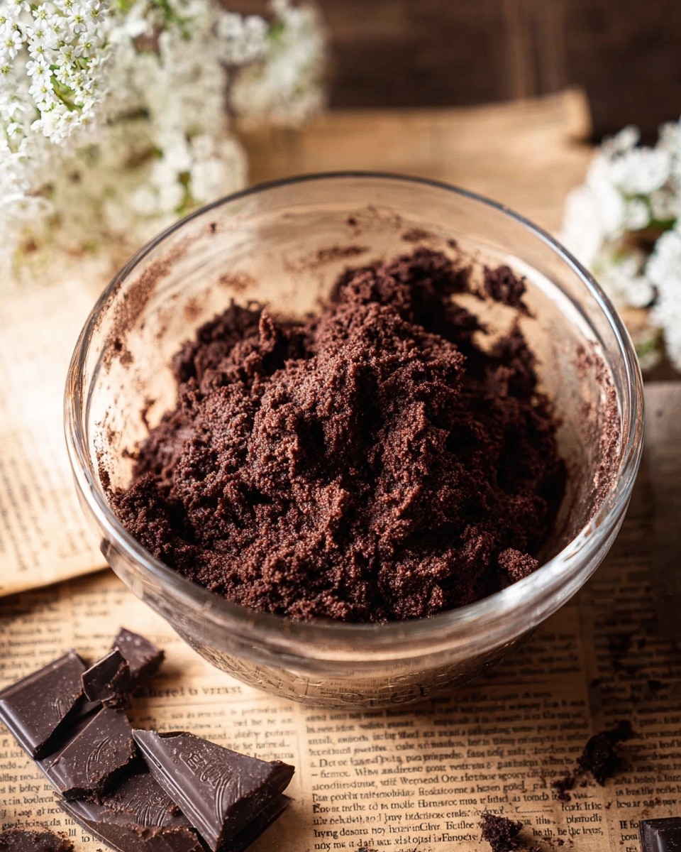 A clear glass bowl filled with thick, dark brown chocolate dough that has a slightly crumbly texture, sitting on a wooden surface with scattered pieces of dark chocolate nearby. The edges of the bowl show bits of the dough stuck to the sides. In the background, there are blurred white flowers and a piece of old newspaper with visible text. The overall scene has a cozy, rustic feel with warm lighting. photo taken with an iphone --ar 4:5 --v 7