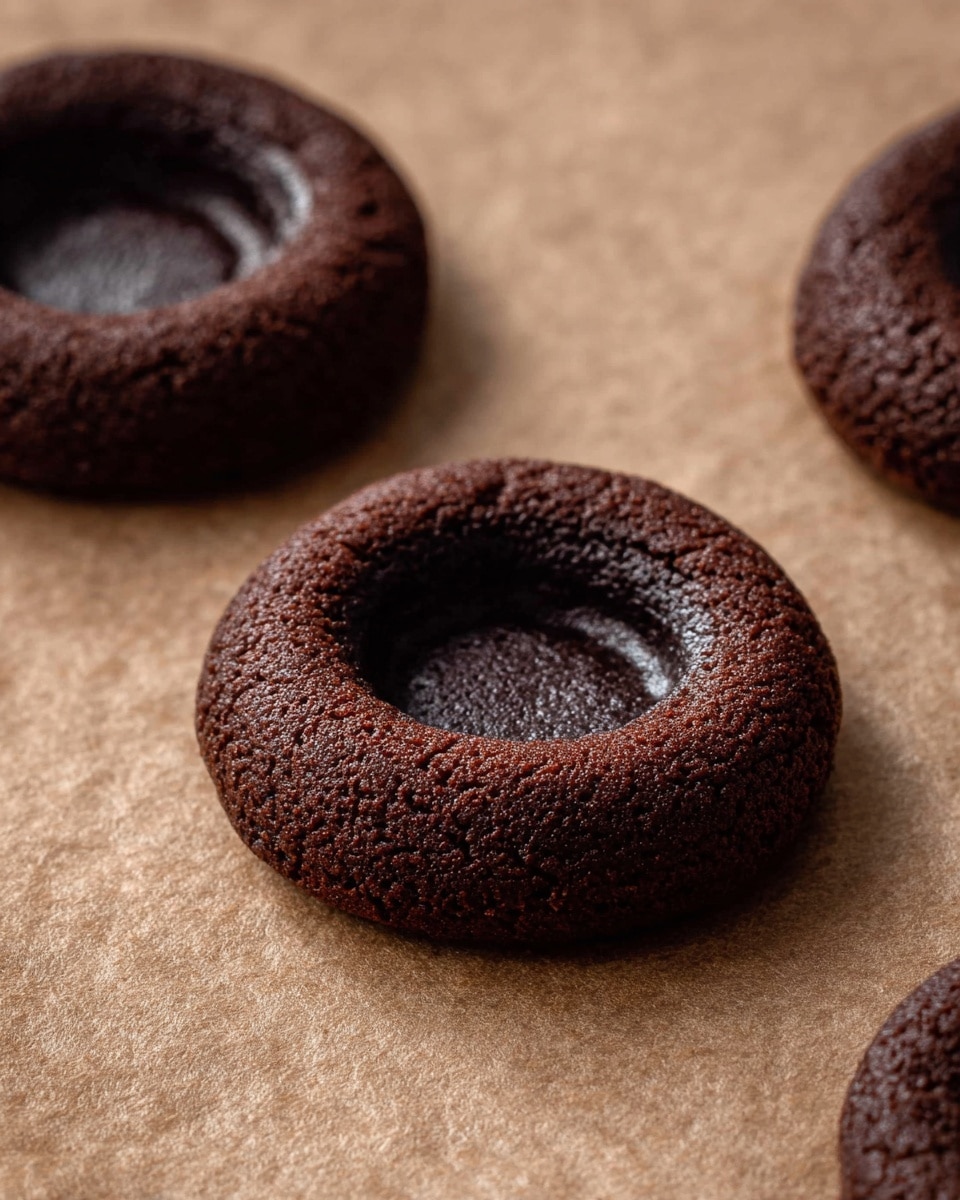 The image shows three round chocolate cookies with hollow centers placed on brown parchment paper. Each cookie has one thick, dark brown layer with a slightly cracked surface. The hollow center is smooth and evenly sunken, giving the cookies a small bowl-like shape. The background is a close-up of the parchment paper’s subtle texture, and there is soft natural light highlighting the slight roughness of the cookie edges. photo taken with an iphone --ar 4:5 --v 7