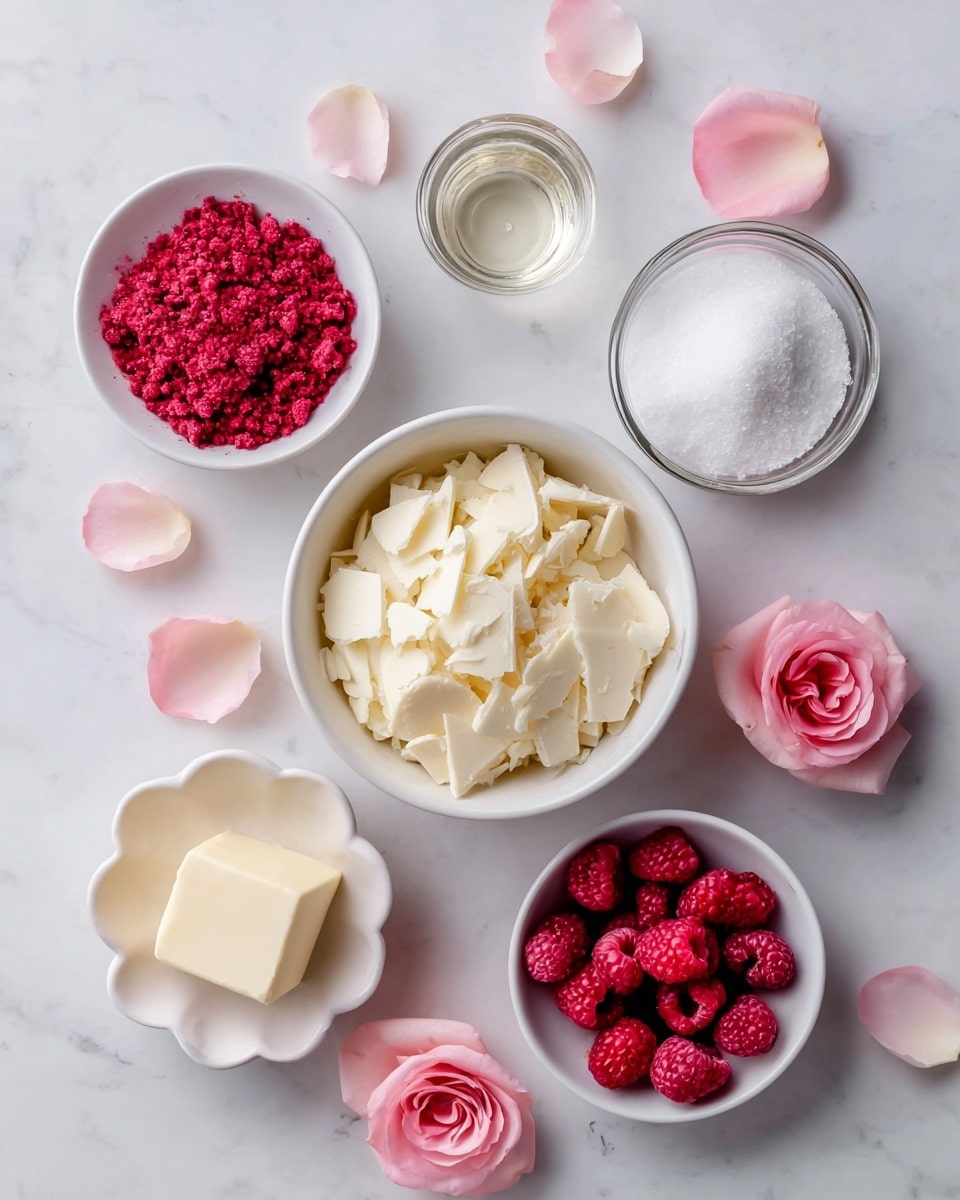 The image shows six small white containers arranged on a white marbled surface, each holding different ingredients. In the center, a white bowl is filled with large, uneven white chocolate flakes, surrounded by five smaller dishes: one with smooth white butter square, one with a heap of bright red freeze-dried raspberries, one with fine white powdered sugar in a flower-shaped bowl, and one with clear rosewater in a small glass cup. Scattered delicate pink rose petals add soft color around the containers. The scene is bright and clean with soft natural light. photo taken with an iphone --ar 4:5 --v 7