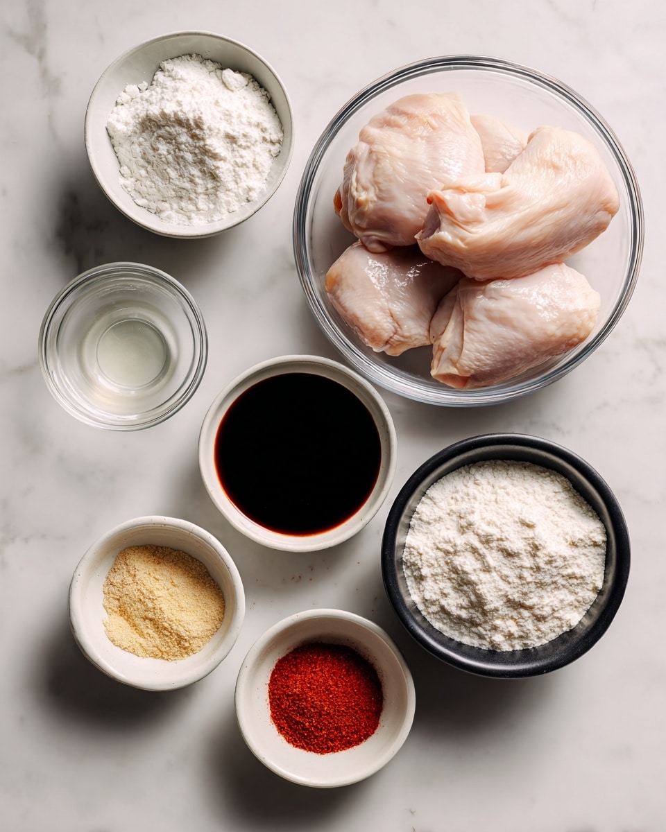 A clear glass bowl on the right side holds three large, smooth raw chicken pieces with a pale pink color and soft texture. Around it are six small white bowls and dishes arranged loosely on a white marbled surface. In the top left corner, a small white bowl contains white baking powder with a slightly powdery texture. Below it, a small white bowl has bright red-orange gochugaru powder with a fine texture. Slightly below to the left is a small clear glass bowl with a watery clear liquid labeled mirin. Centered below the chicken bowl is a small dark shiny bowl filled with dark soy sauce, smooth and reflective. Bottom left shows a small black bowl with a rough-textured light yellow garlic powder, and bottom right has a white bowl filled with white, powdery rice flour. The overall setting is neat and easy to see each ingredient clearly. Photo taken with an iphone --ar 4:5 --v 7