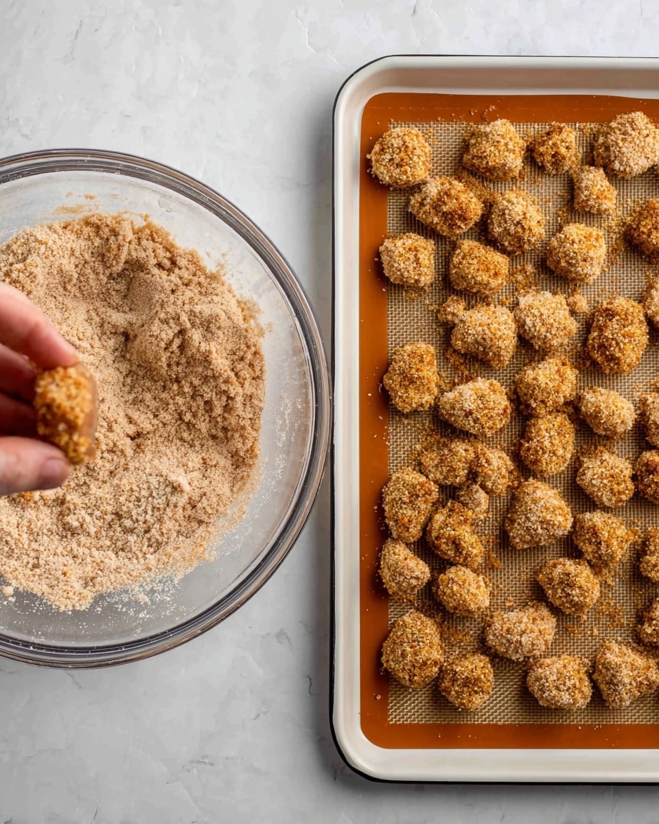 The left side of the image shows a clear glass bowl filled with light brown crumbs, with a piece of food coated in the crumbs being pressed into the mix. On the right side, there is a white baking tray lined with a silicone mat, covered with many small pieces of food evenly coated in the same light brown crumb mixture, arranged loose but with some space between them. The background surface is a white marbled texture photo taken with an iphone --ar 4:5 --v 7