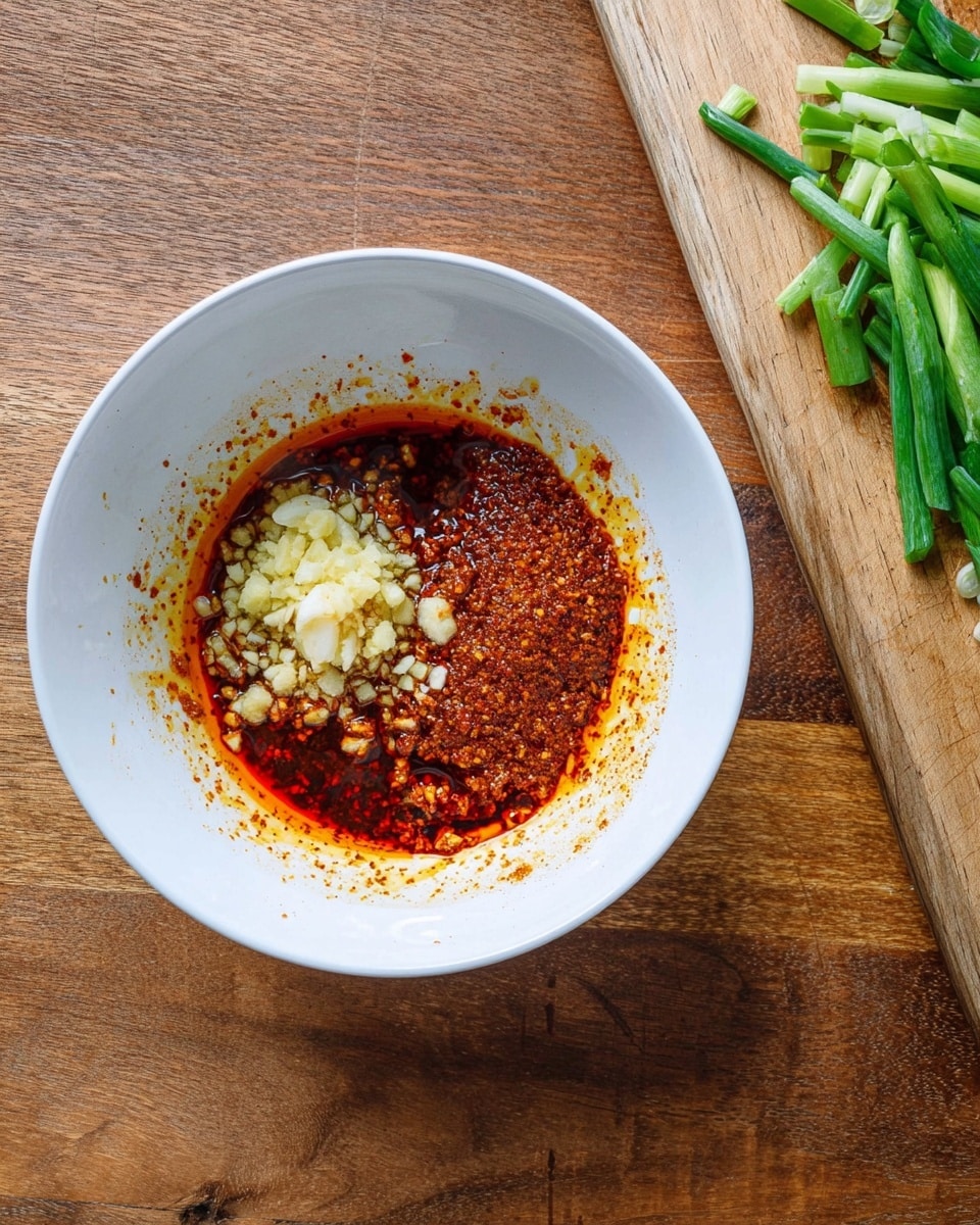 A white bowl sits on a wooden table, filled with three visible layers of ingredients. In the bottom center and right side, there is a thick layer of red chili oil mixed with spices, creating a rough textured surface. At the top center and left, there are two separate piles of finely chopped garlic, pale yellow and beige in color, with a wet and slightly chunky texture. To the right of the bowl, a light wooden cutting board with chopped green onions and green stalks rests, adding green tones to the scene. The overall colors are warm reds and pale yellow with green accents. photo taken with an iphone --ar 4:5 --v 7