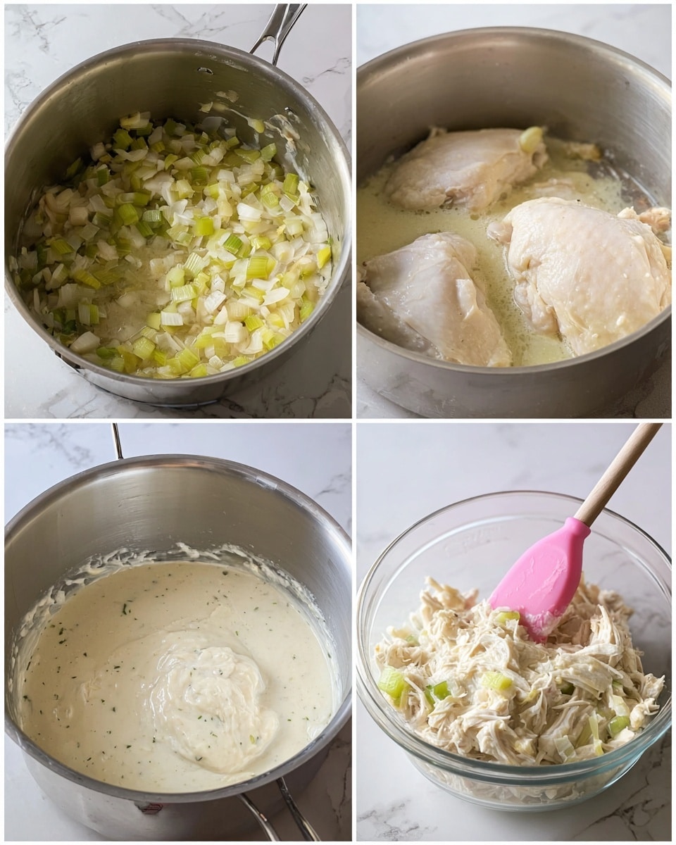 The first image shows a large silver pot with sautéed celery and onions at the bottom, the vegetables are light green and pale yellow with a slightly soft texture. The second image in the same pot has two whole poached white chicken pieces partly covered in a light yellow broth with onion bits. The third image features a clear glass bowl on a white marbled surface with a thick, creamy dough inside, pale beige in color being stirred by a pink spatula. The last image returns to the silver pot, now filled with a thick creamy white sauce containing shredded chicken and small celery pieces, being stirred with the same pink spatula. photo taken with an iphone --ar 4:5 --v 7