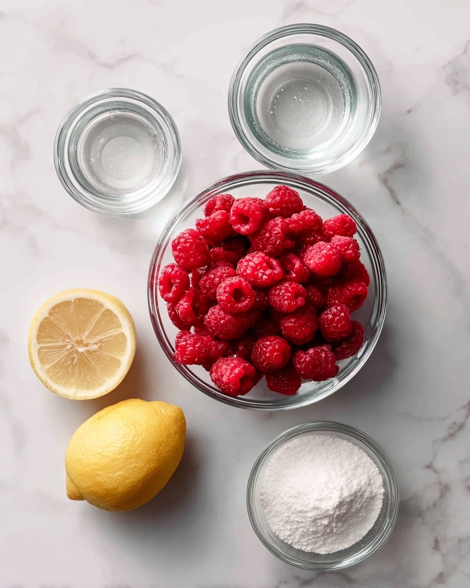 The image shows a white marbled surface with five clear glass bowls arranged neatly. In the center, there is a bowl filled with bright red fresh or frozen raspberries. Below it, a smaller bowl contains white sugar. Above the raspberries, a bowl holds clear water. To the right, there is a small bowl with white cornstarch powder. On the bottom left, there is a half lemon with yellow skin and pale yellow inside placed directly on the surface. The arrangement is simple and clean, with good lighting highlighting the natural colors of the ingredients. Photo taken with an iphone --ar 4:5 --v 7