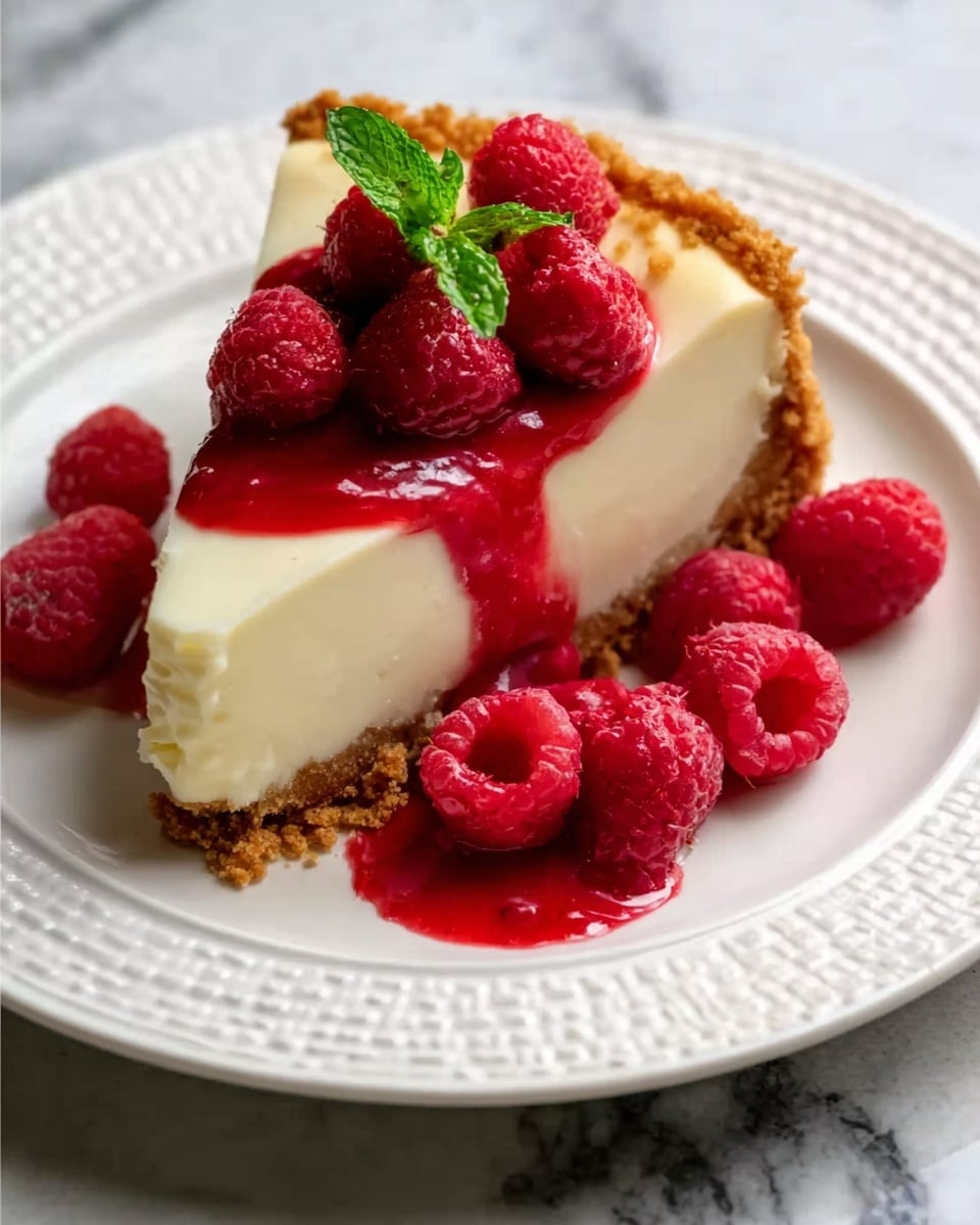 A slice of creamy cheesecake with a golden brown crumb crust is placed on a white plate with a textured rim. The cheesecake is topped with a bright red raspberry sauce that drips down the sides. Fresh, plump raspberries and a small green mint leaf sit on top and around the cheesecake. The plate is set on a white marbled surface. Photo taken with an iphone --ar 4:5 --v 7