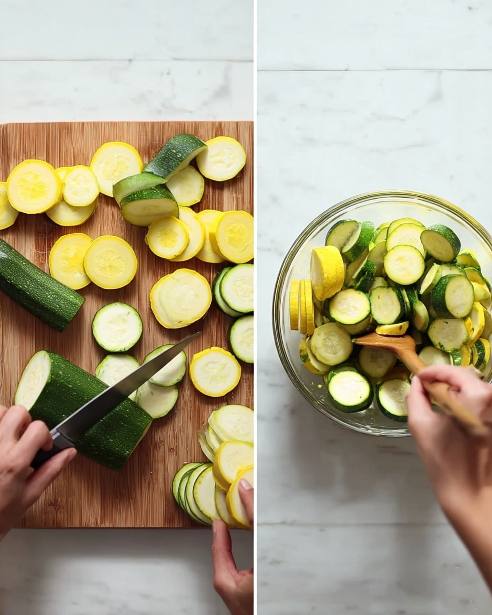 The image has two parts: on the left, a woman's hand is holding a dark green zucchini slice on a wooden cutting board with several round, thick, pale green slices of zucchini and yellow squash spread around; a knife is slicing another green zucchini piece. On the right, a clear glass bowl sits on a white marbled surface, filled with round, thick slices of green zucchini and yellow squash, and a woman's hand is stirring the mix with a wooden spoon. The colors are fresh with green, yellow, and light creamy centers, all on a white marbled background. photo taken with an iphone --ar 4:5 --v 7