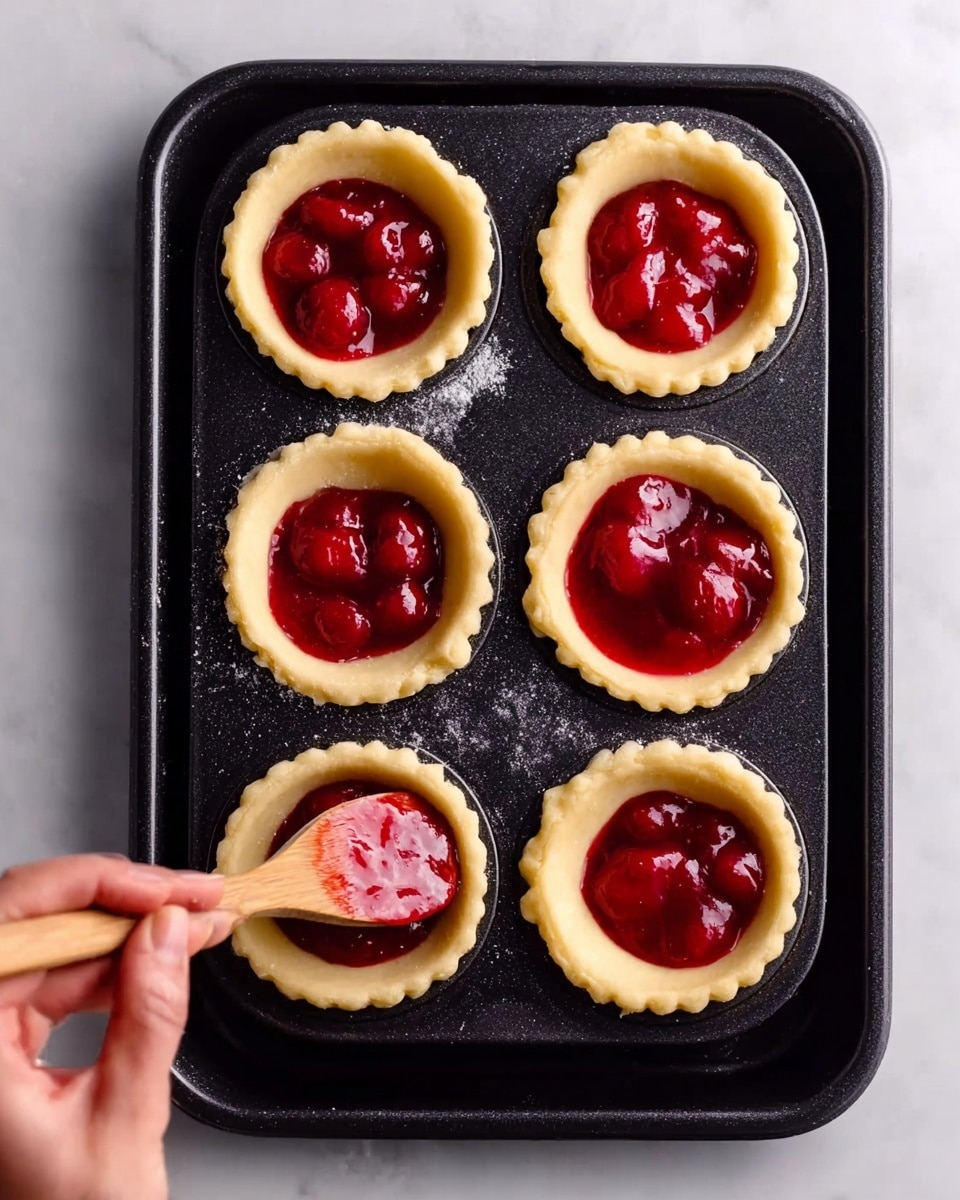 A black metal tray with six round pastry shells evenly placed in two columns and three rows, each shell filled with bright red cherry filling showing a thick, glossy texture sitting inside the pale, light yellow dough shells with slightly crimped edges; a woman's hand holding a wooden spoon is adding cherry filling to the bottom left pastry shell, all against a white marbled surface background. photo taken with an iphone --ar 4:5 --v 7