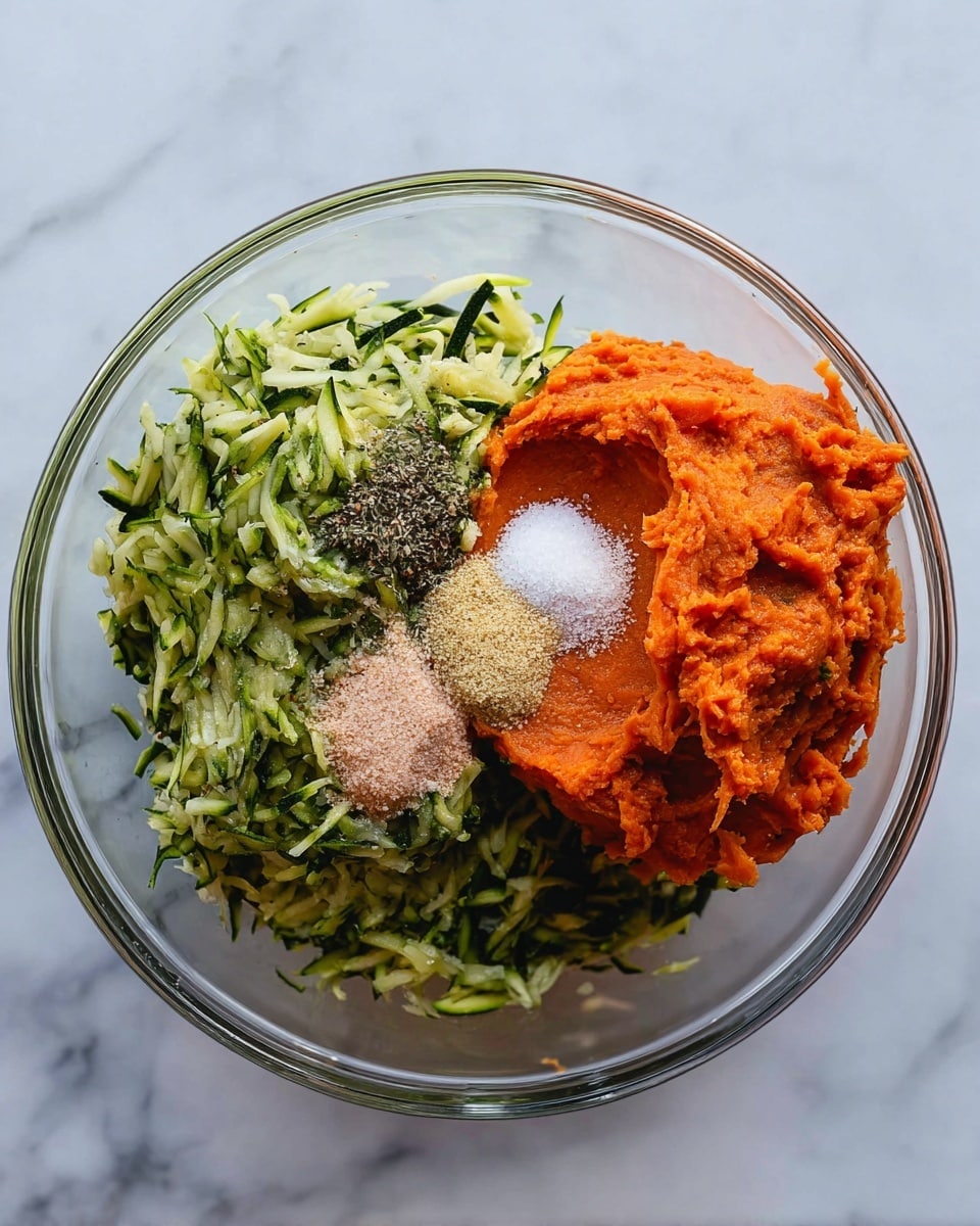 In a clear glass bowl on a white marbled surface, there are two main piles side by side: one is a mound of shredded green zucchini with dark green edges, and the other is a smooth pile of bright orange mashed sweet potatoes. On top of the mashed sweet potatoes, there are four small piles of dry ingredients in different colors: a white powder, a light pink salt, coarse black pepper, and a beige granular substance. The textures contrast between the soft mashed potatoes, the stringy zucchini, and the fine powders. photo taken with an iphone --ar 4:5 --v 7