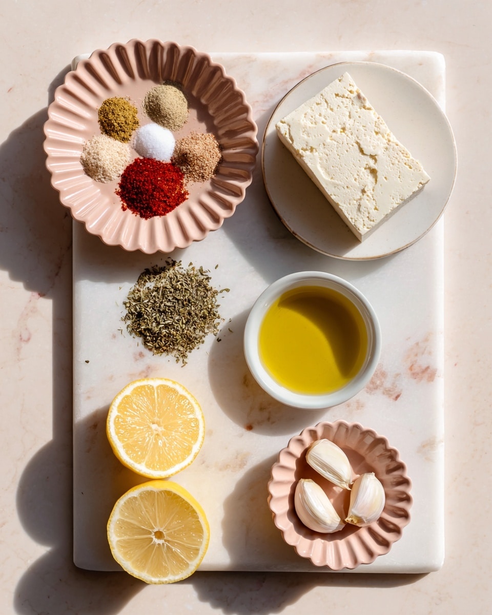 The image shows a white marbled surface with a rectangular white marble slab placed on it. On the slab, at the top right, is a white round plate holding a block of pale beige super firm tofu. To the left of the tofu plate is a pale pink scalloped dish filled with six different spices: bright red paprika, light brown garlic powder, coarse white salt and pepper mix, medium brown cumin, green dried thyme, and green dried oregano arranged in small piles close together. Below the round pink dish, two lemon halves with bright yellow flesh rest directly on the marble slab. To the right of the lemons is another small pink scalloped dish holding two peeled whole cloves of garlic. Above this dish and right next to the tofu plate is a small white bowl filled with golden olive oil. The whole setup is neatly arranged and brightly lit. Photo taken with an iphone --ar 4:5 --v 7