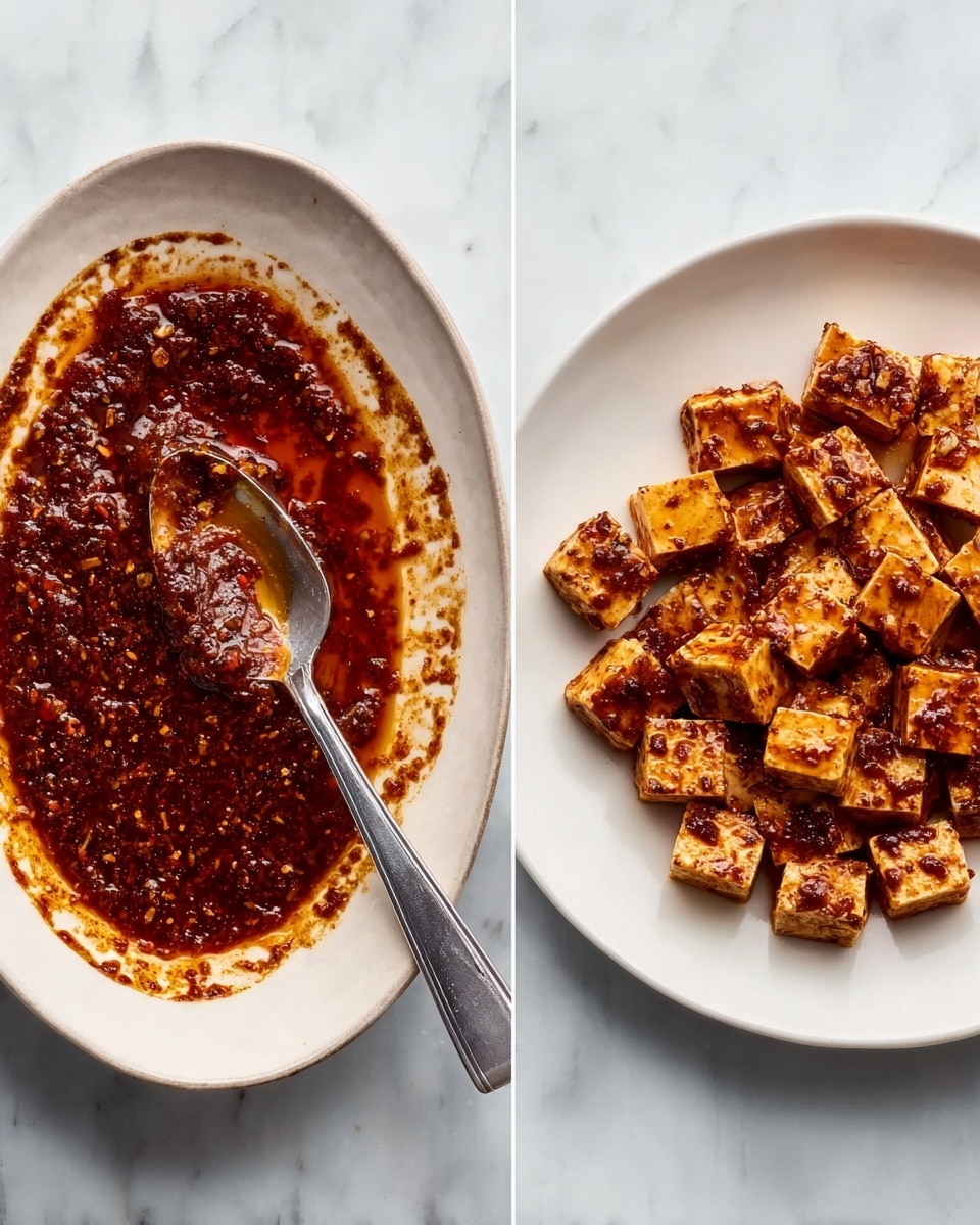 Two white oval plates on a white marbled surface are shown side by side. The left plate contains a dark reddish-brown sauce with visible spices and a silver spoon resting inside it, the sauce spreading unevenly across the plate with some thicker areas. The right plate holds small, square pieces of tofu that are coated evenly in the same dark reddish-brown sauce, giving them a slightly glossy, textured look. photo taken with an iphone --ar 4:5 --v 7