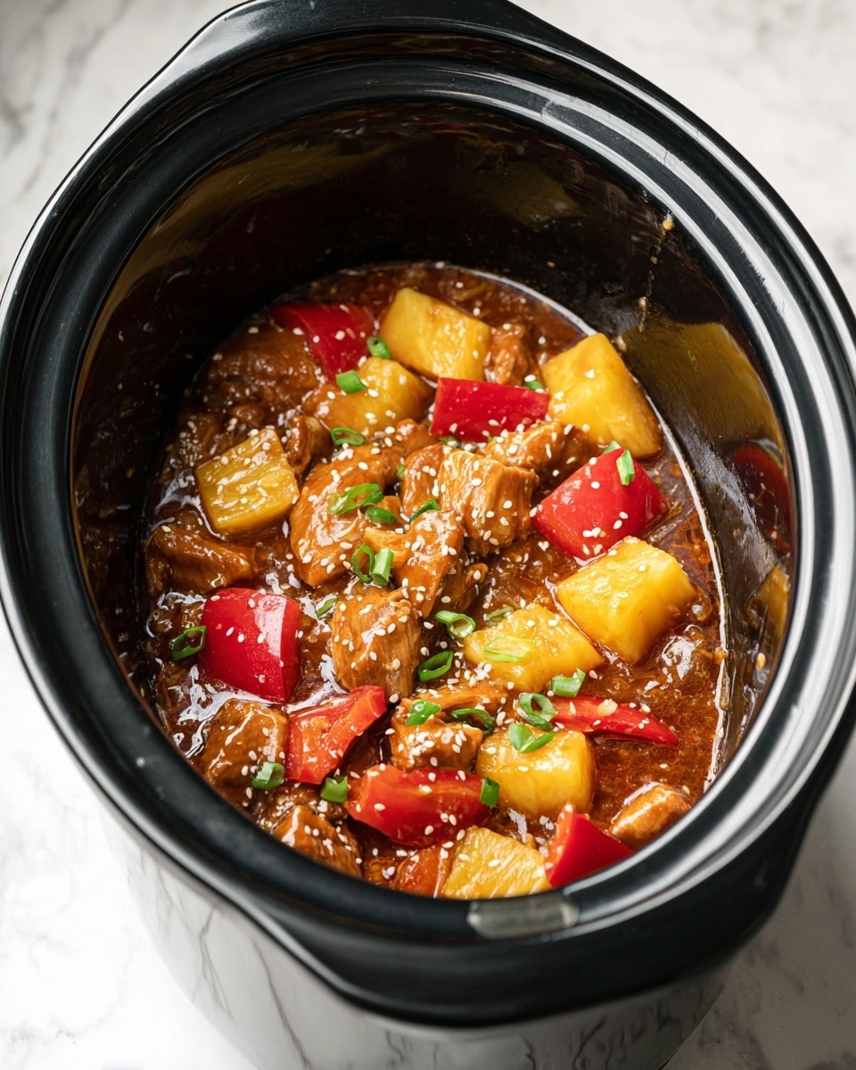 A black slow cooker filled with a dish showing several layers: the bottom layer is a thick, brown sauce with a shiny, wet texture; above it are chunks of yellow pineapple with a juicy, slightly translucent look; scattered around are pieces of red bell pepper with a smooth, glossy texture; light brown chicken pieces are mixed evenly throughout, with some sprinkled white sesame seeds on top; small green onion slices are scattered across the surface, adding a fresh touch. The slow cooker is placed on a white marbled surface. photo taken with an iphone --ar 4:5 --v 7