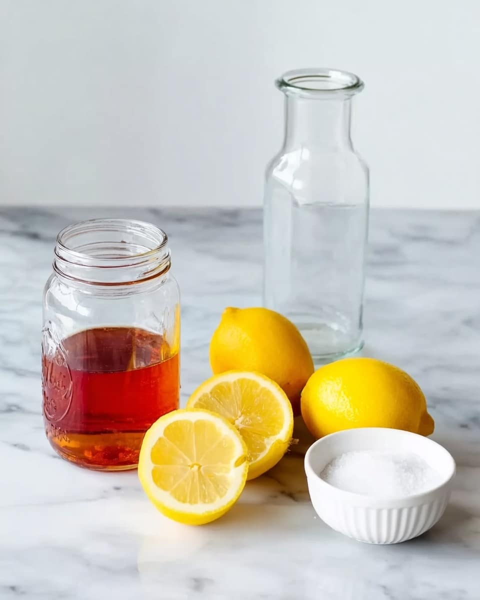 The image shows a clear glass jar with amber liquid, placed on a white marbled surface. To the right of the jar, there are five bright yellow lemons, two of which are cut in half revealing their juicy, pale yellow inside. Behind the lemons is a tall, empty clear glass bottle. On the far right side, there are two small white bowls, one filled with a white granulated substance, likely sugar, and the other empty or containing a light ingredient. The background is white marbled, creating a clean and fresh look. photo taken with an iphone --ar 4:5 --v 7